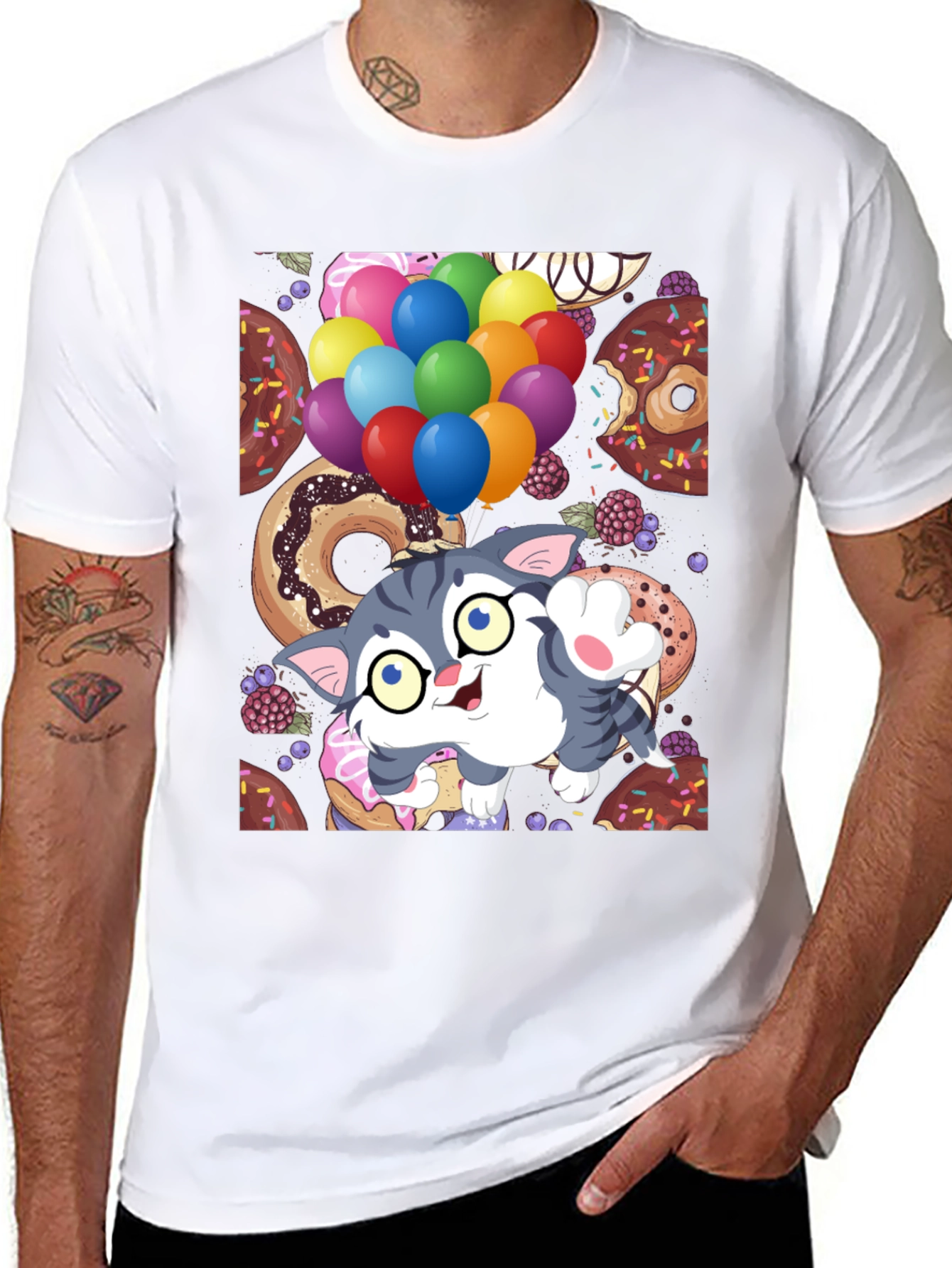 Black Cute Cartoon Cat with Balloons and Donuts T-Shirt view 8
