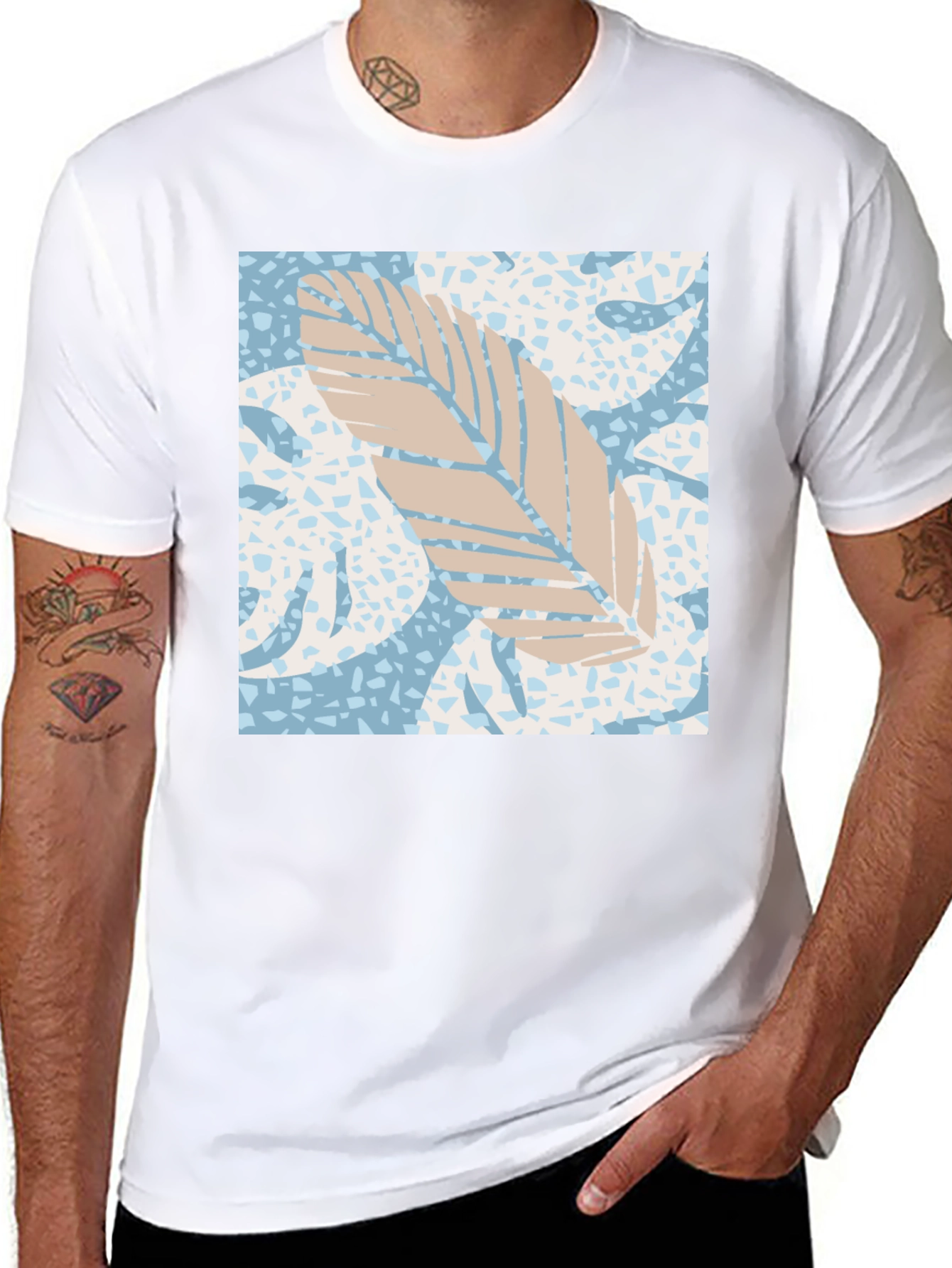 Tropical Leaf Print Black Tee - 8