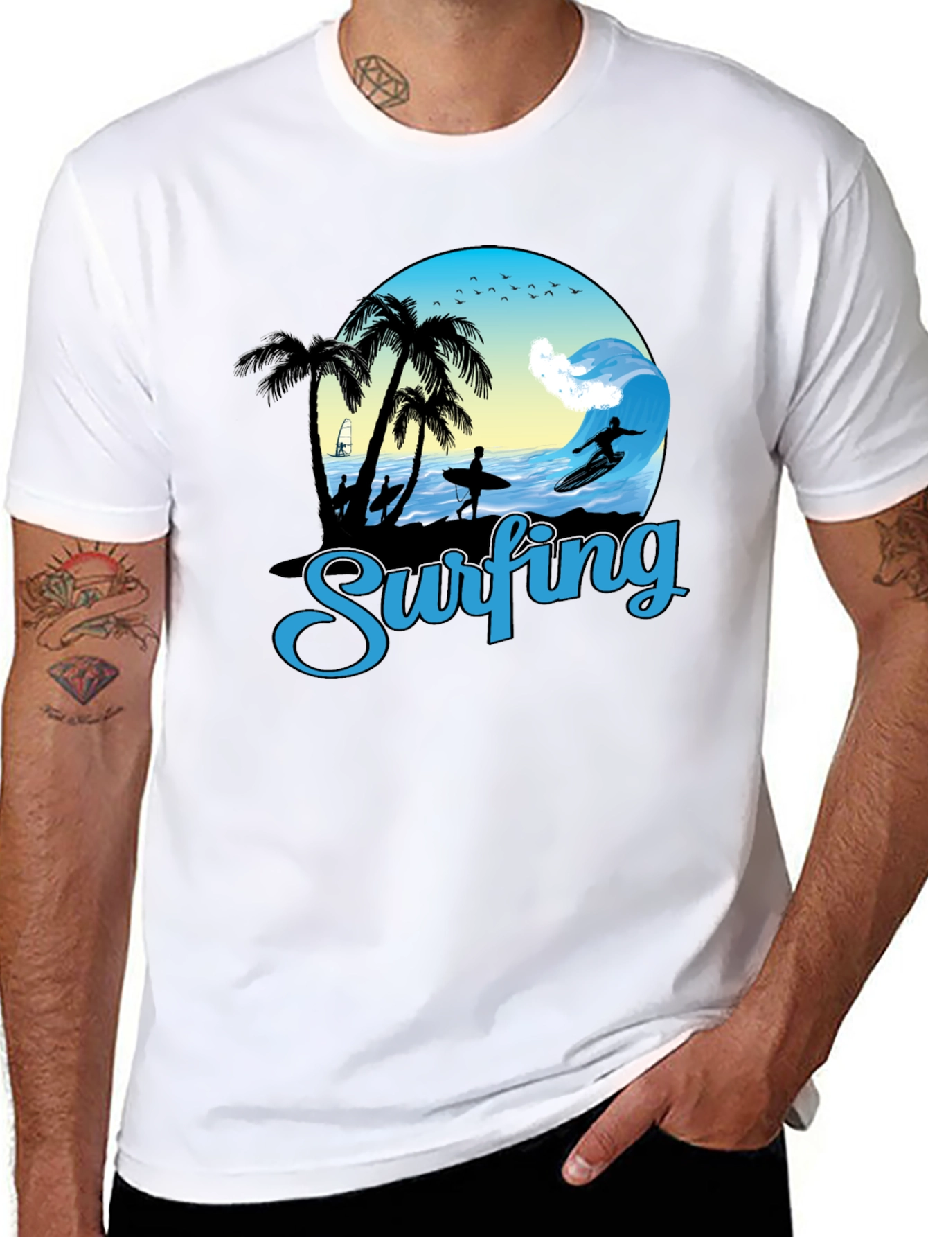 Black Surfing Graphic T-Shirt - Black Cotton Tee view 8