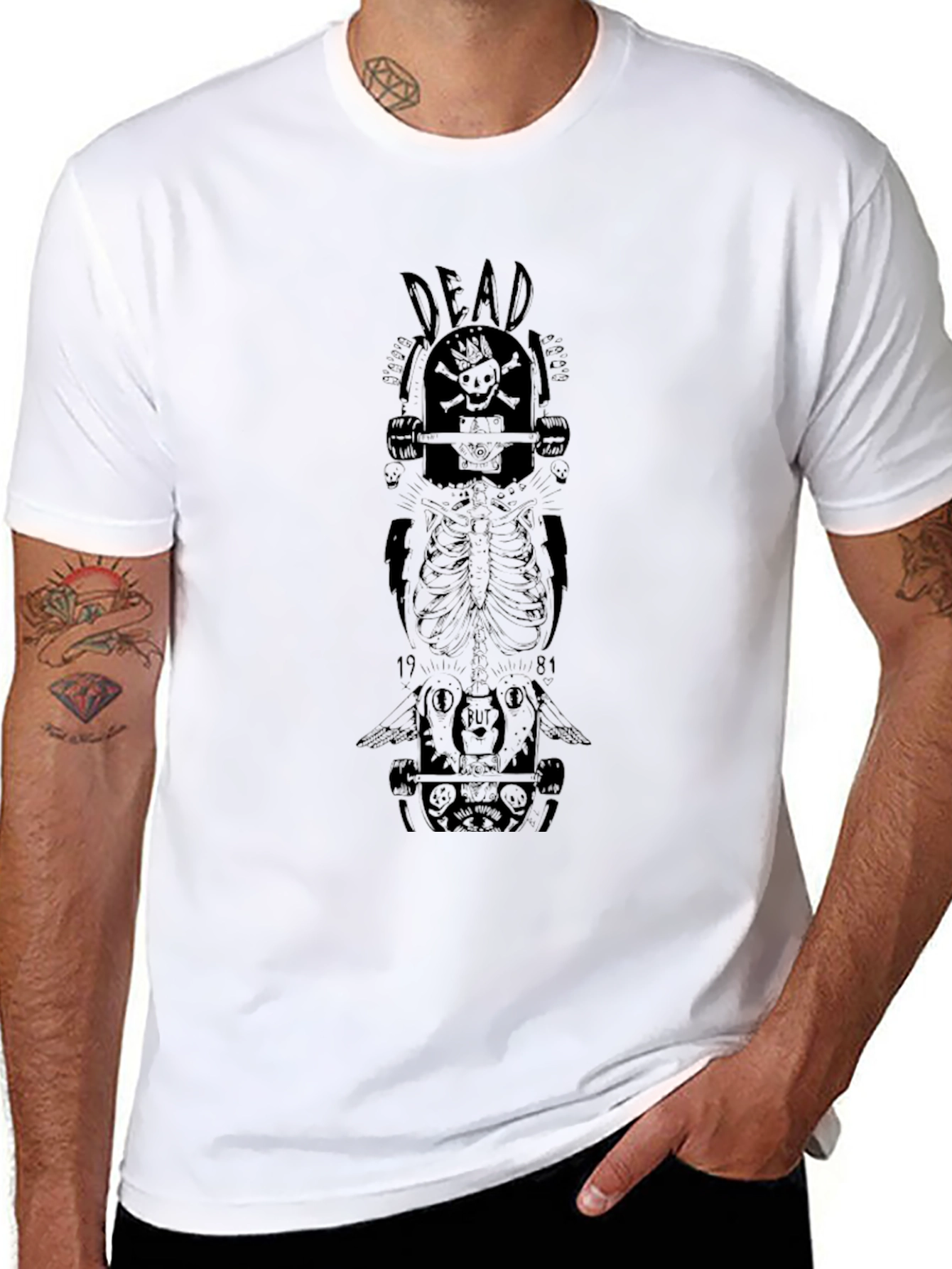 Black Skull Skateboard Graphic Tee - Black Cotton view 8
