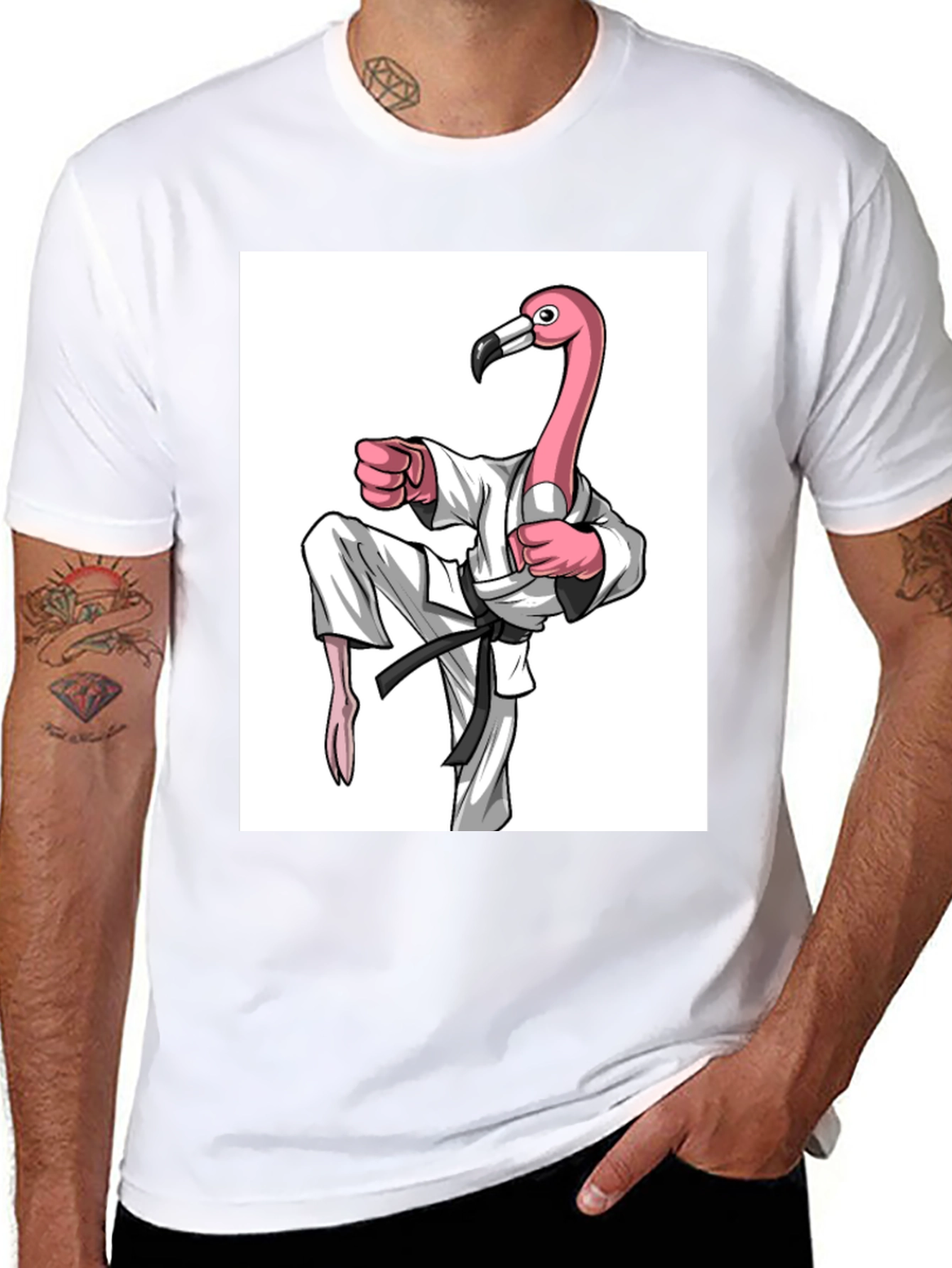 Black Karate Flamingo Black T-Shirt - Unique Graphic Tee view 8