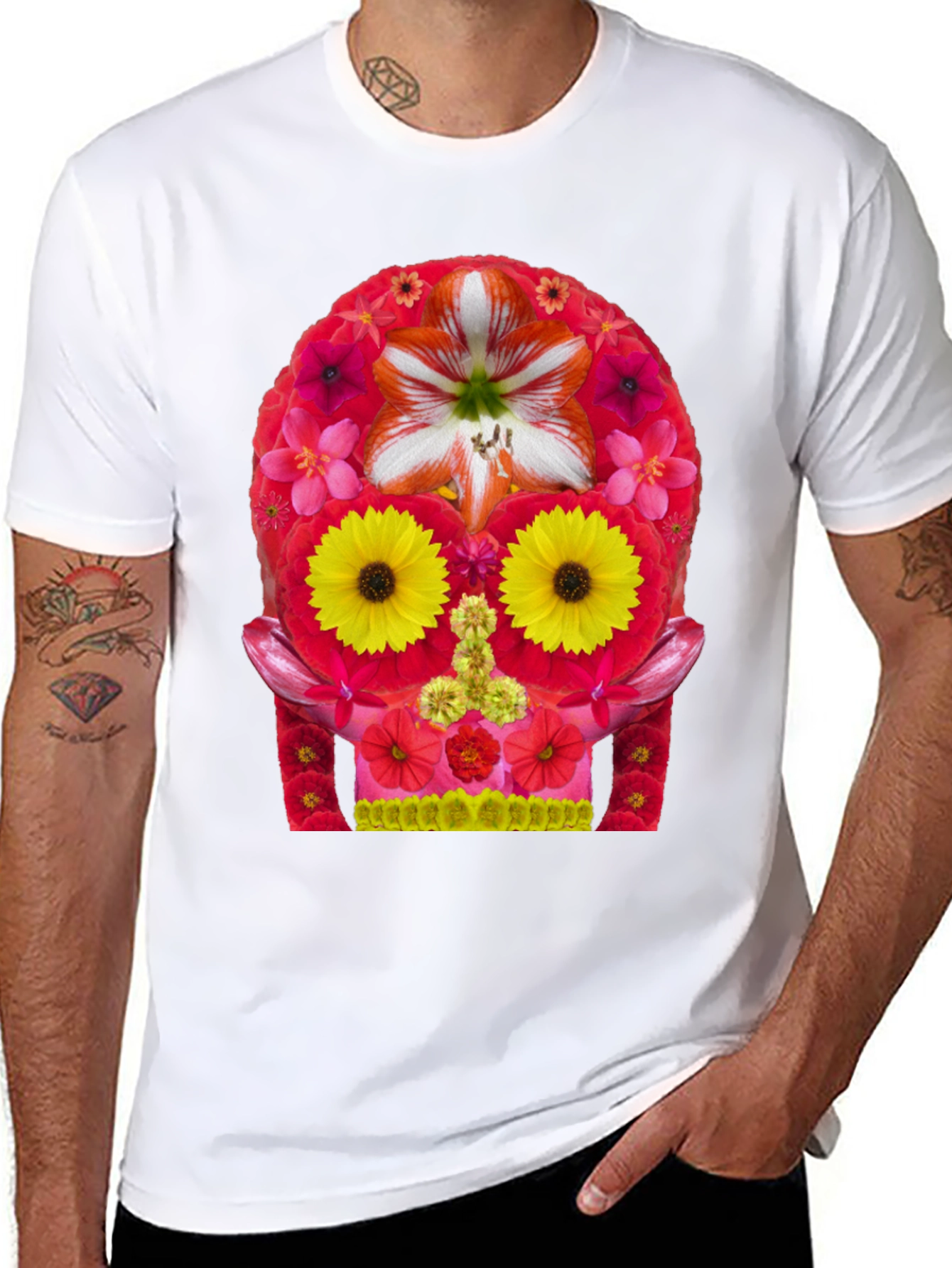 Black Floral Skull Graphic Tee - Men's Black T-Shirt view 8