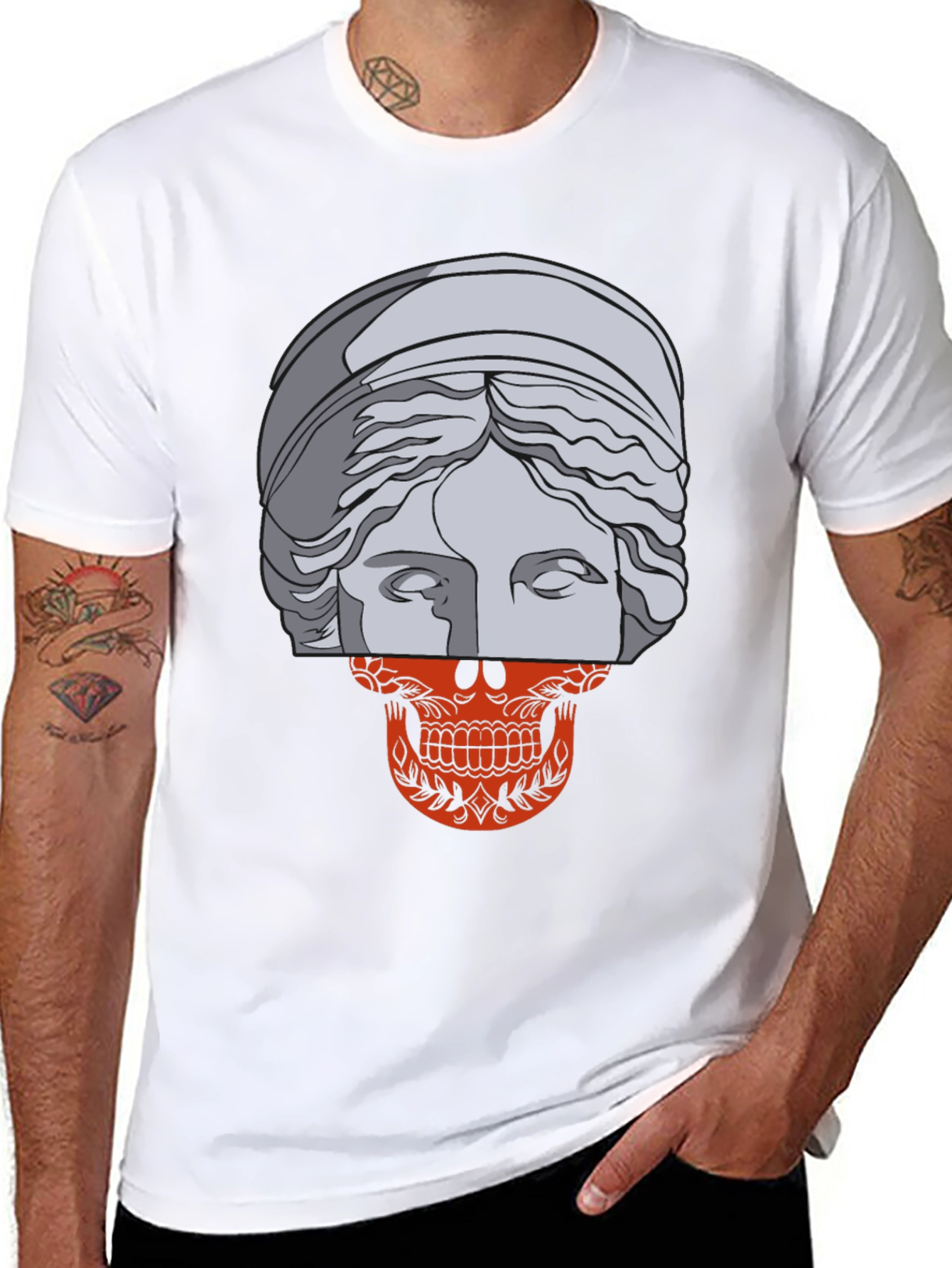 Black Skull Meets Statue Graphic Tee view 8