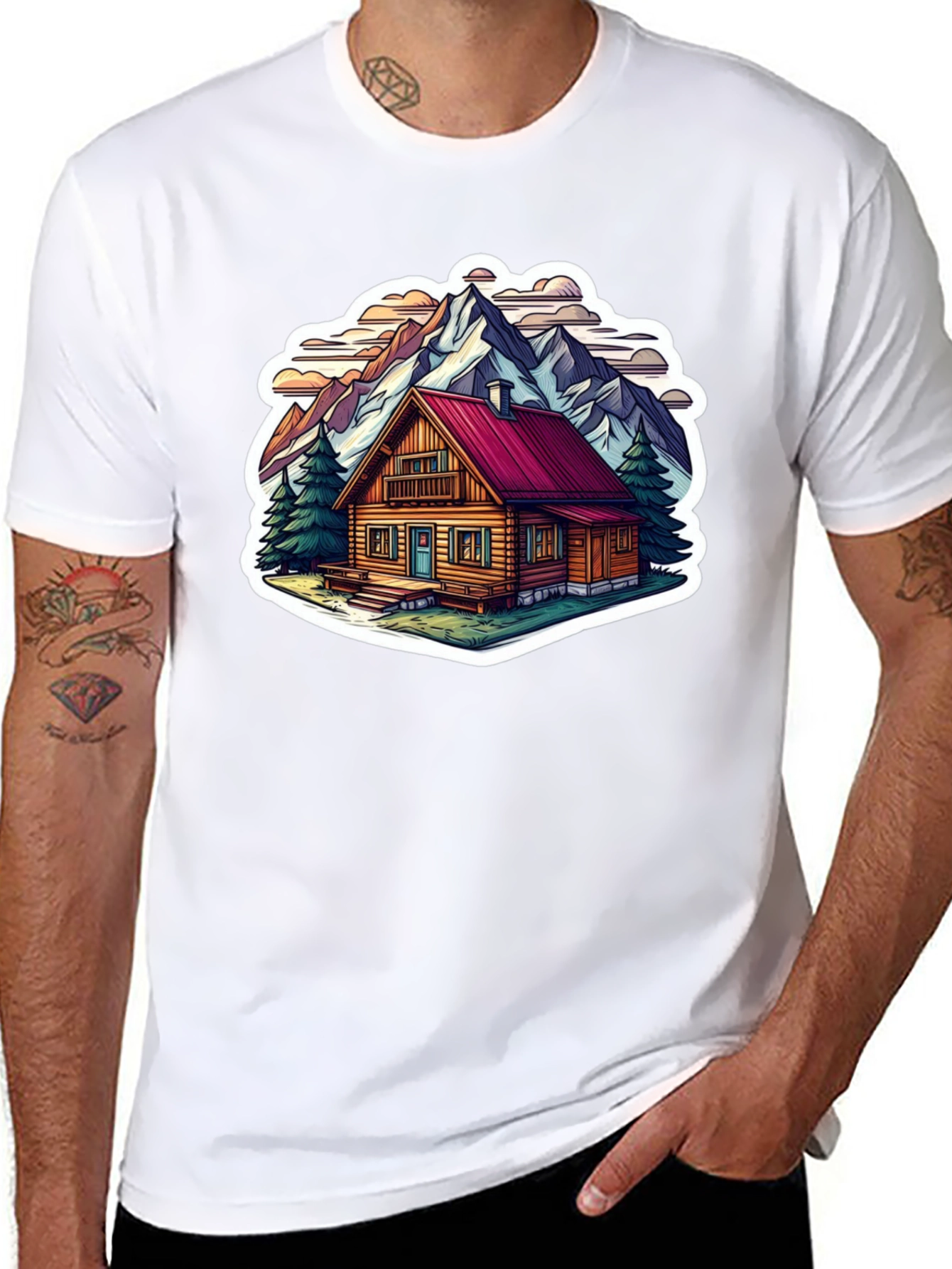 Black Cabin in the Mountains Graphic T-Shirt view 8