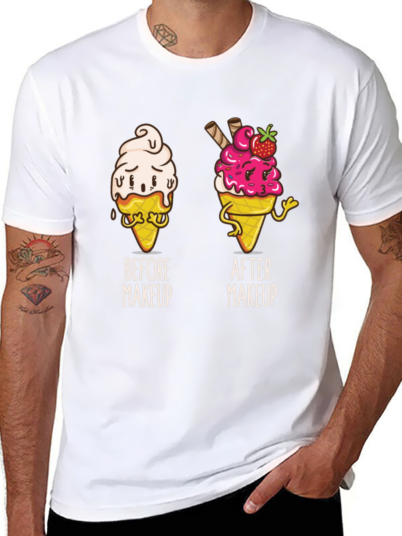 Black Funny Ice Cream Before and After Makeup T-Shirt view 8