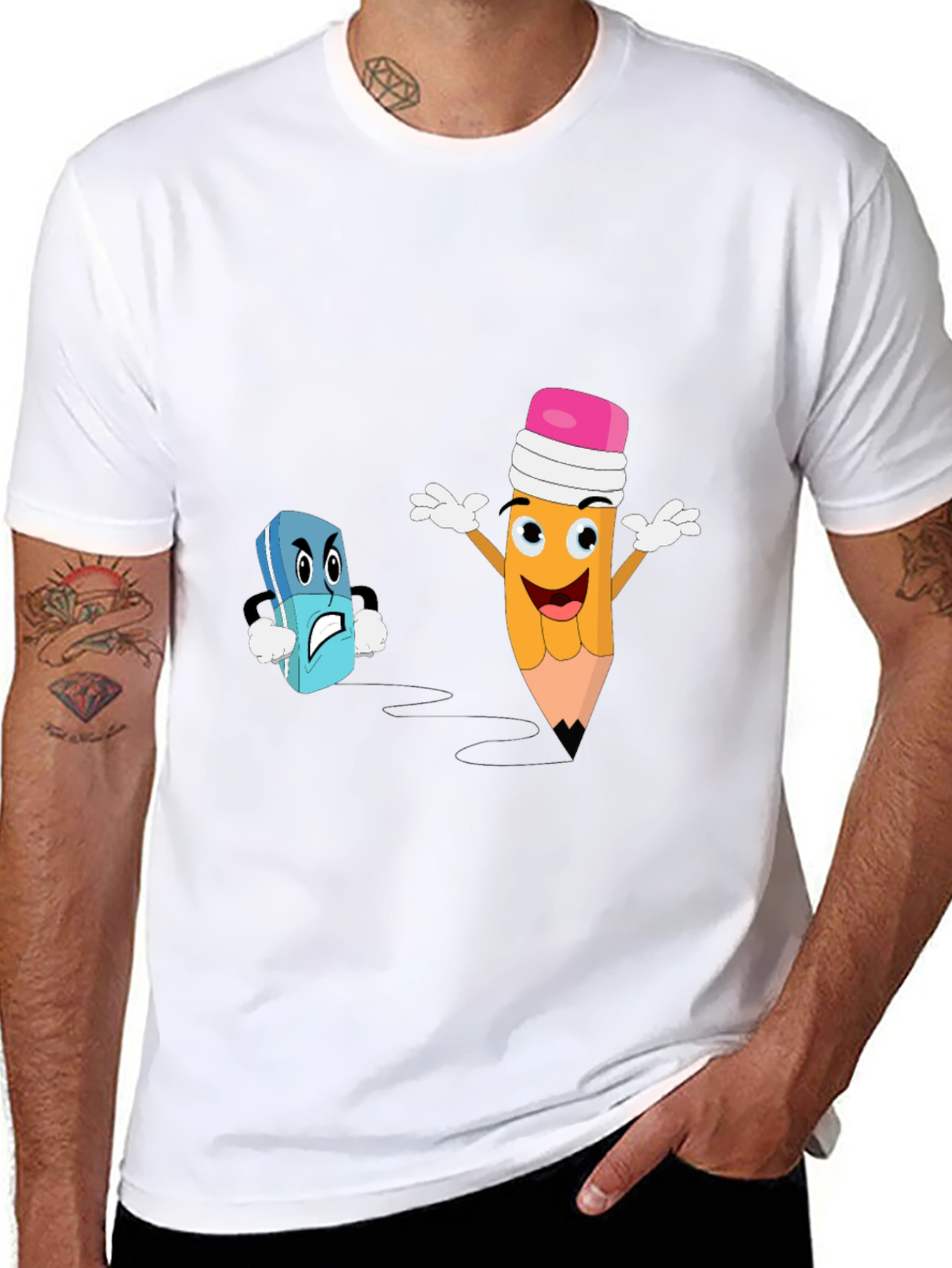 Black Funny Pencil vs Eraser Cartoon Black T-Shirt view 8