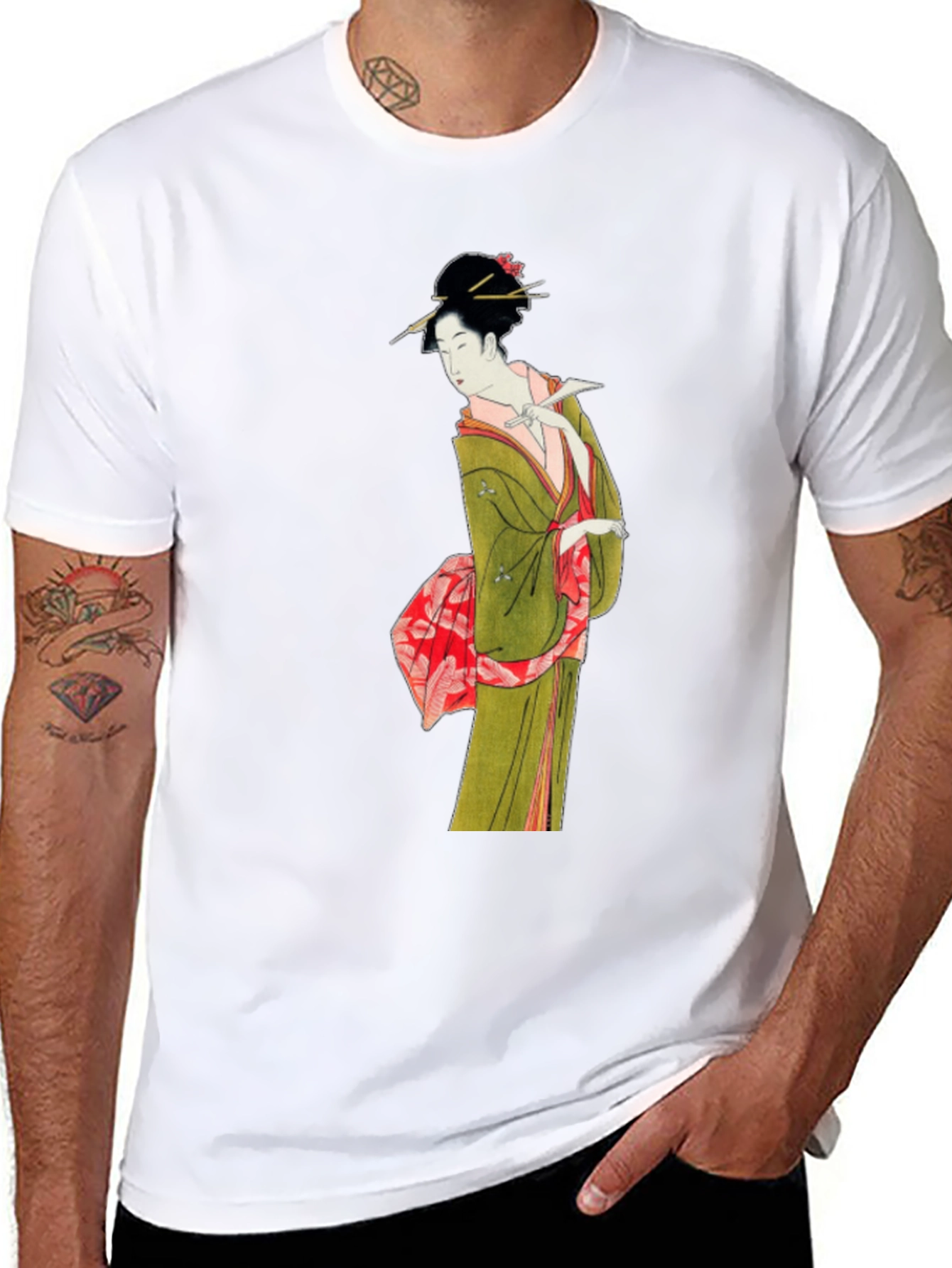 Black Japanese Geisha Art T-Shirt - Unique Ukiyo-e Design view 8