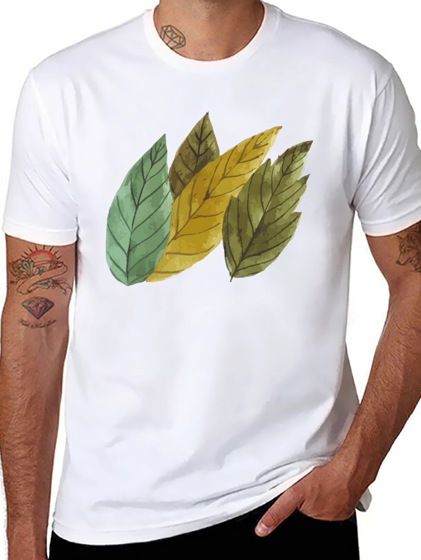 Black Leaf Design Black Cotton T-Shirt view 8