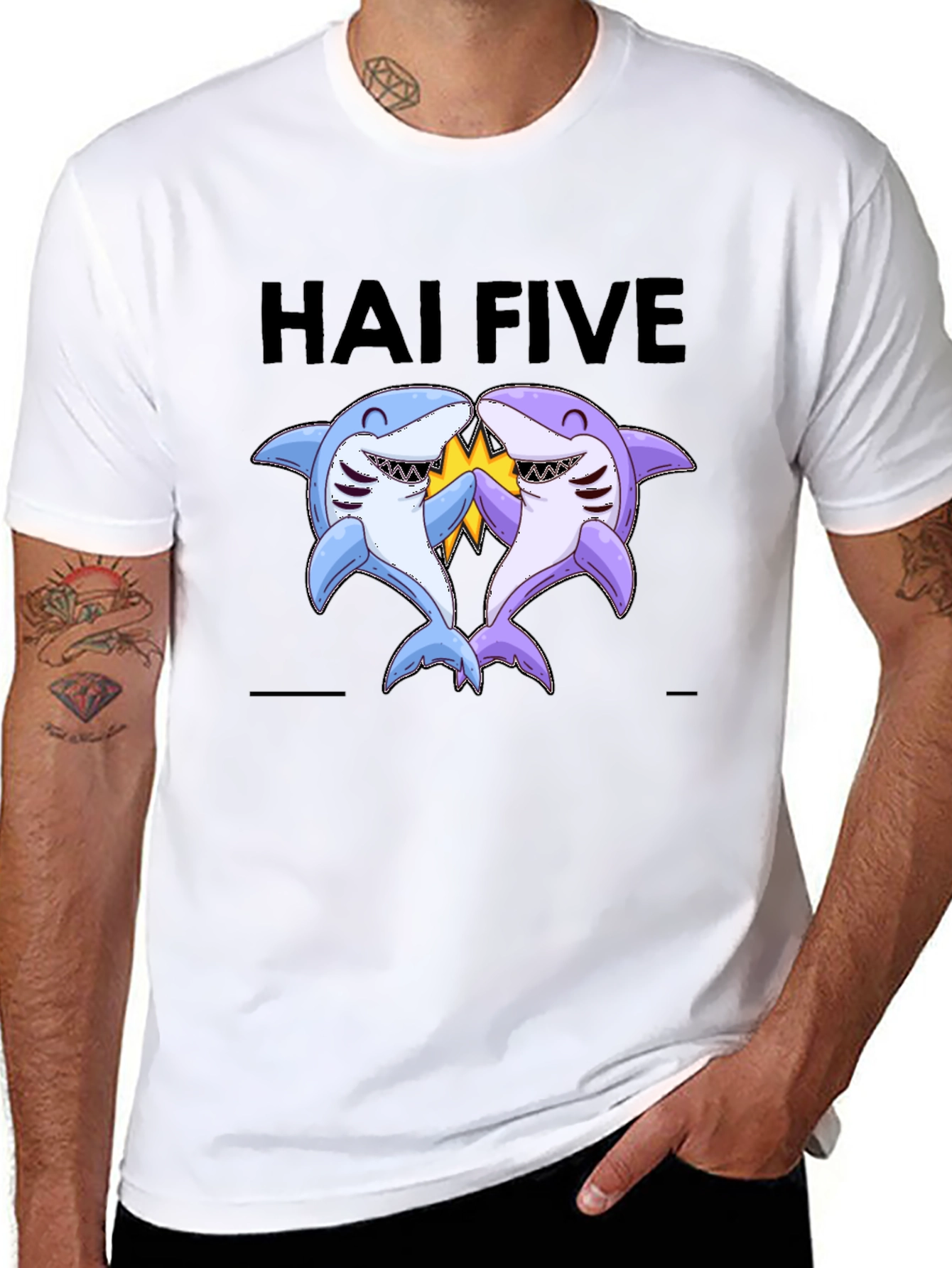 Black Hai Five T-Shirt - Funny Shark High Five Tee view 8