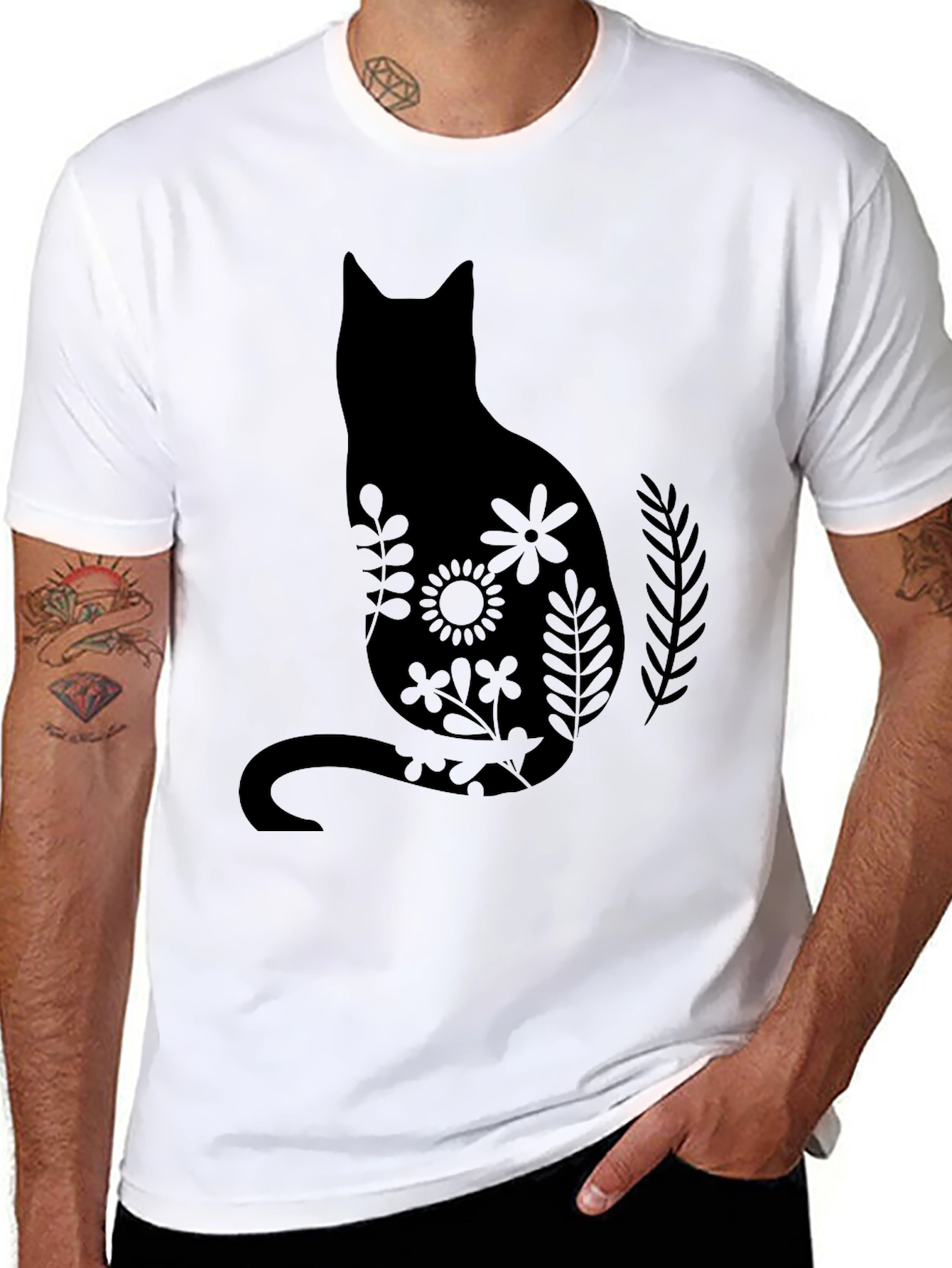 Black Floral Cat Silhouette Black T-Shirt view 8
