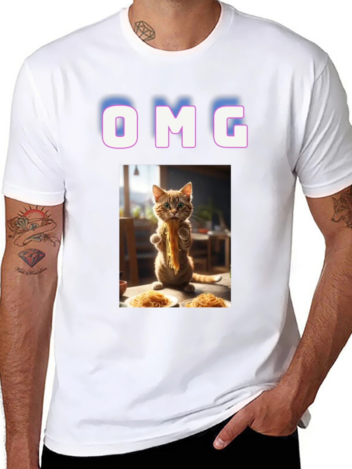 Black OMG Cat Eating Spaghetti Graphic T-Shirt view 8