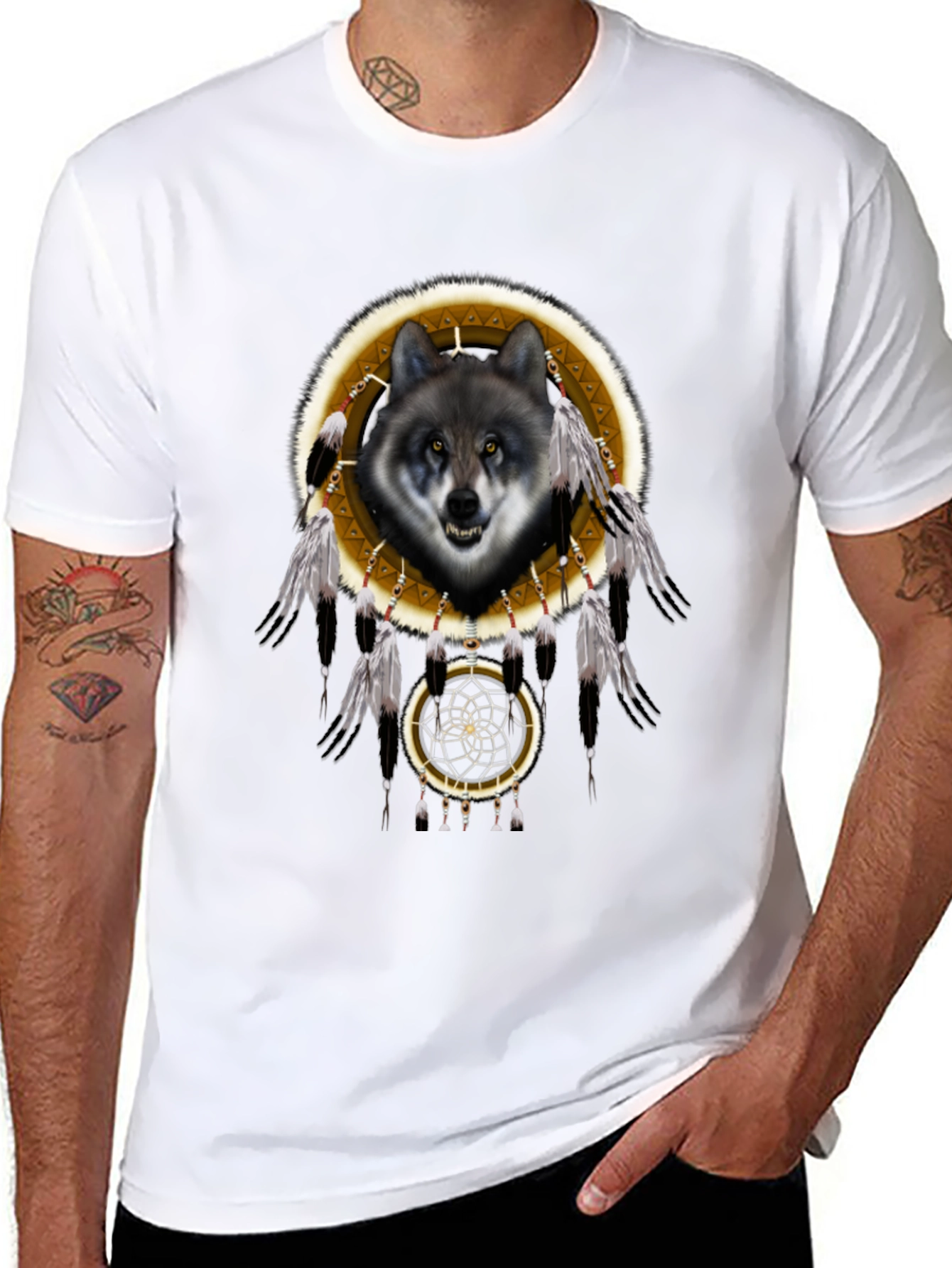Black Wolf Dreamcatcher Graphic T-Shirt - Native American Inspired view 8
