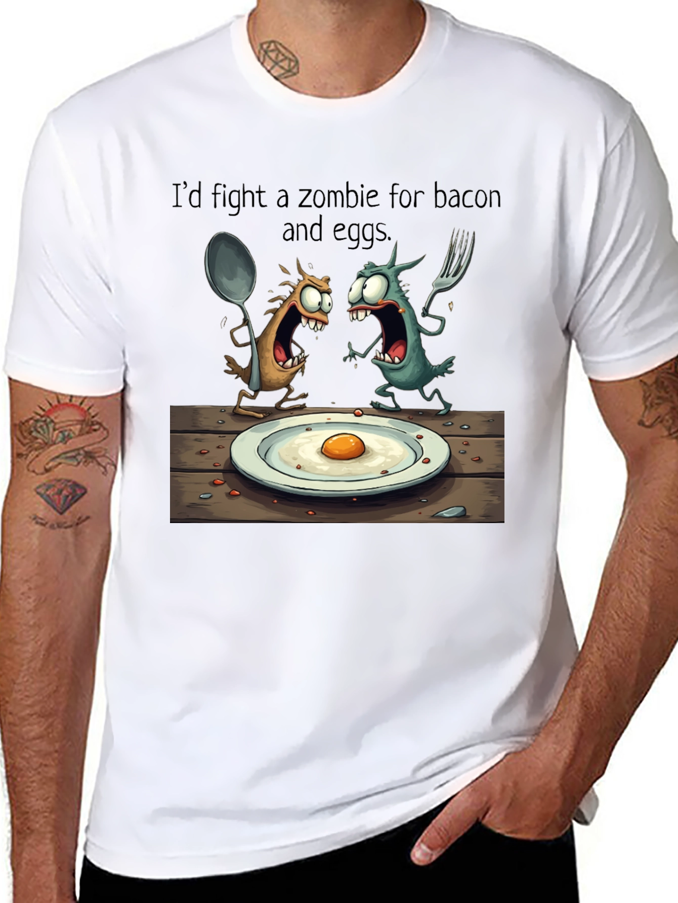 Black Zombie Bacon & Eggs T-Shirt: Funny Cartoon Foodie Tee view 8