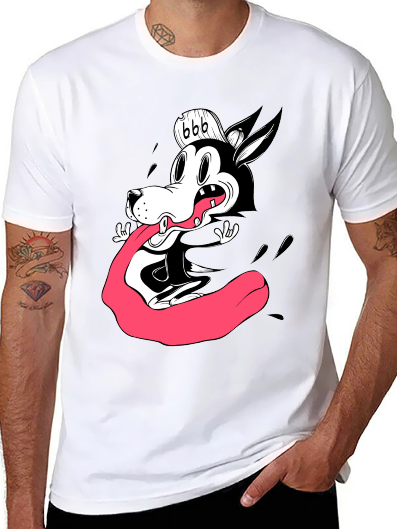Black Cartoon Wolf Graphic Tee - Black Cotton T-Shirt view 8