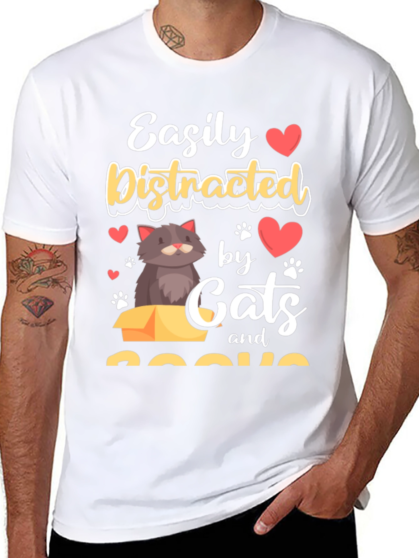 Black Easily Distracted by Cats and Books T-Shirt view 8