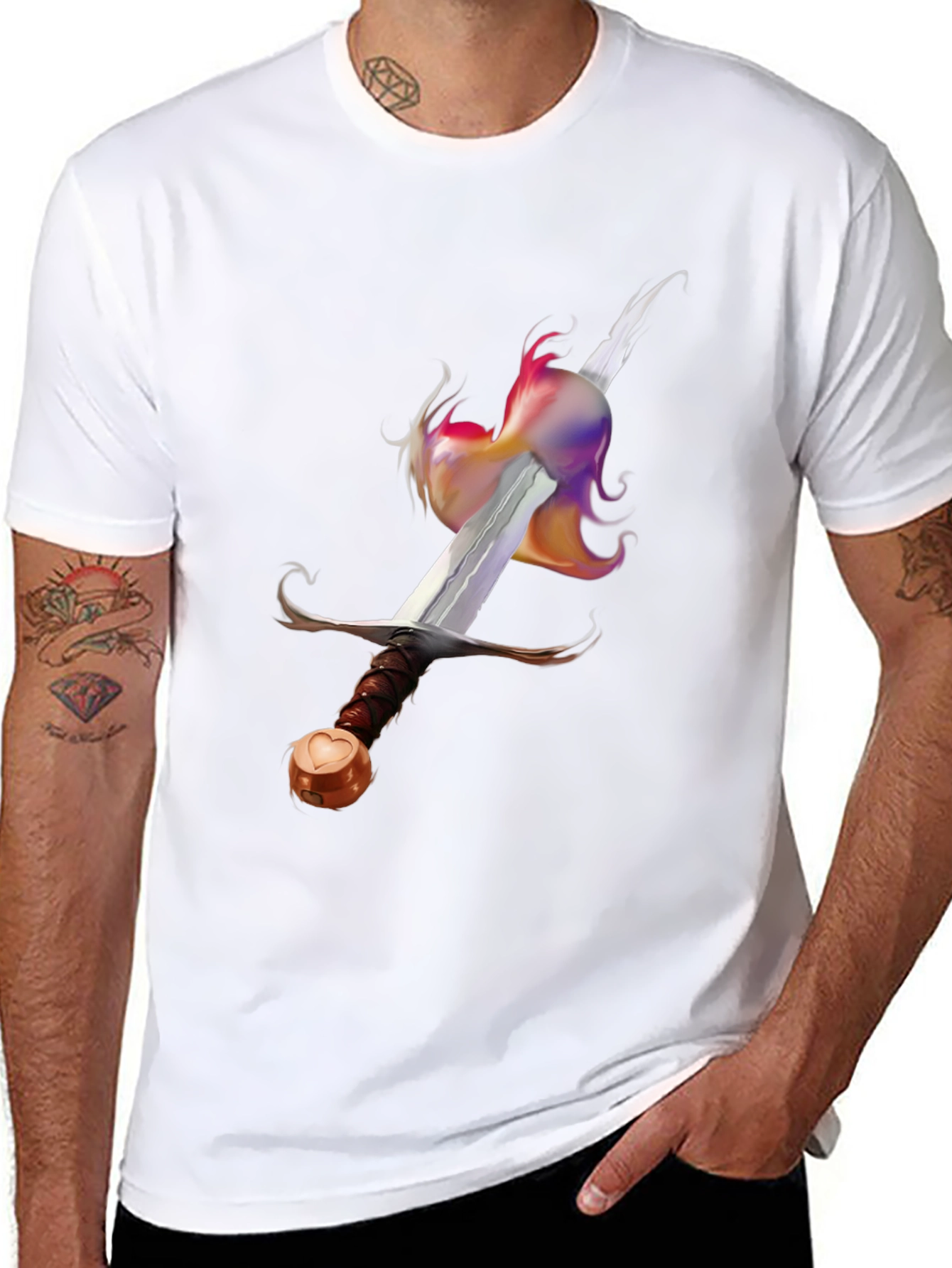 Black Sword & Rainbow Flame Graphic Tee - Unique Design! view 8