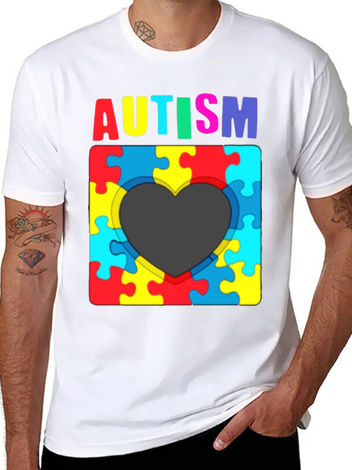 Black Autism Awareness Puzzle Heart T-Shirt view 8
