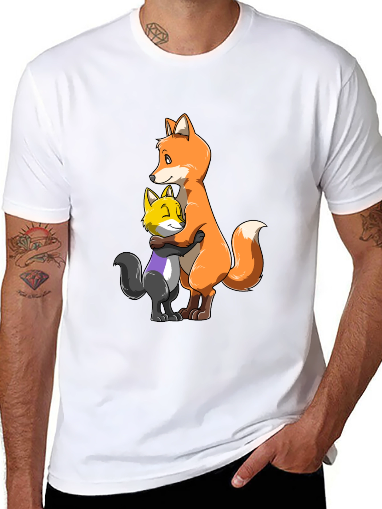 Black Fox Hug T-Shirt - Cute Cartoon Animal Graphic Tee view 8