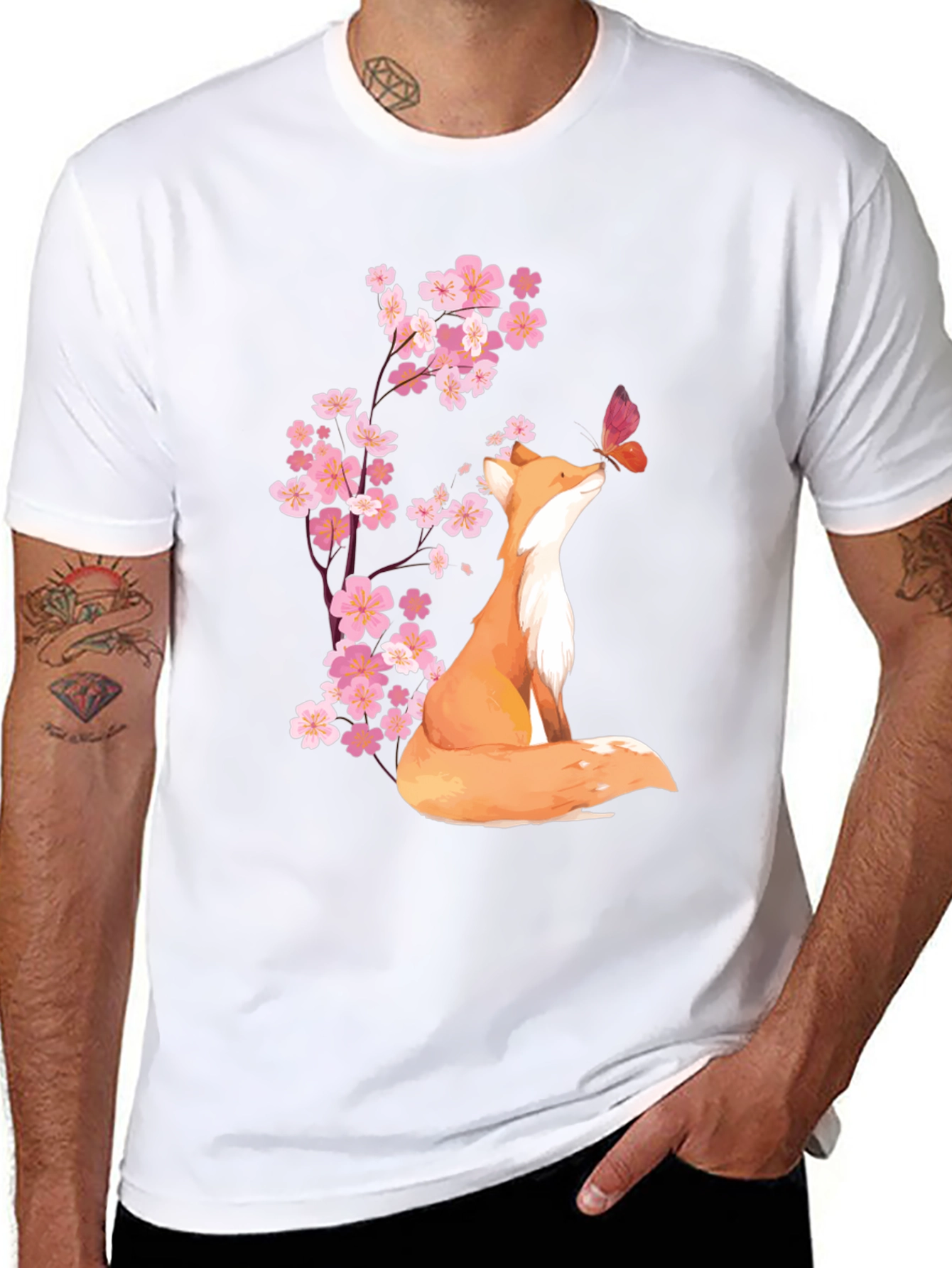 Black Fox & Cherry Blossom Graphic Tee - Soft Cotton Blend view 8