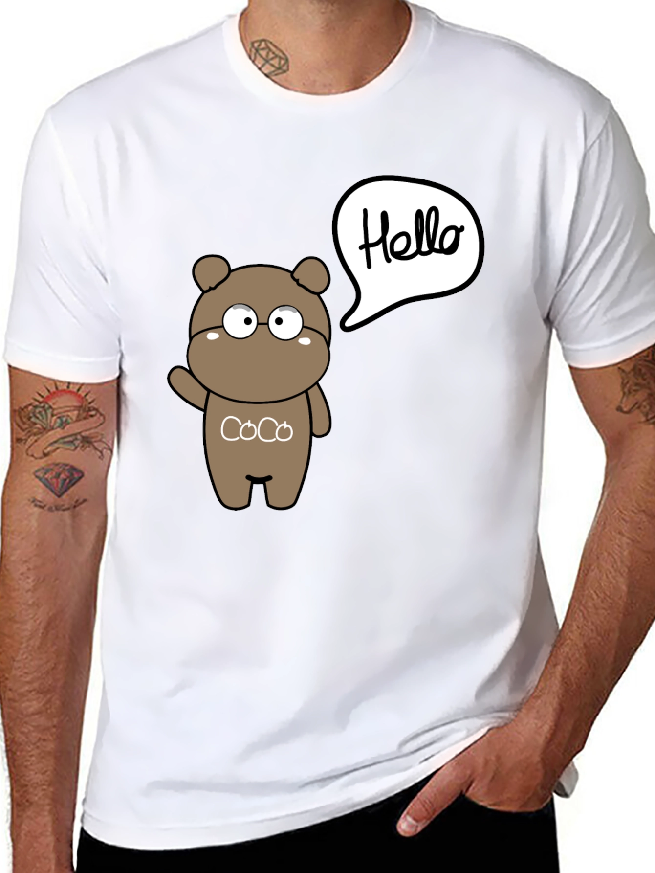 Black Cute Cartoon Bear Hello Graphic Black T-Shirt view 8