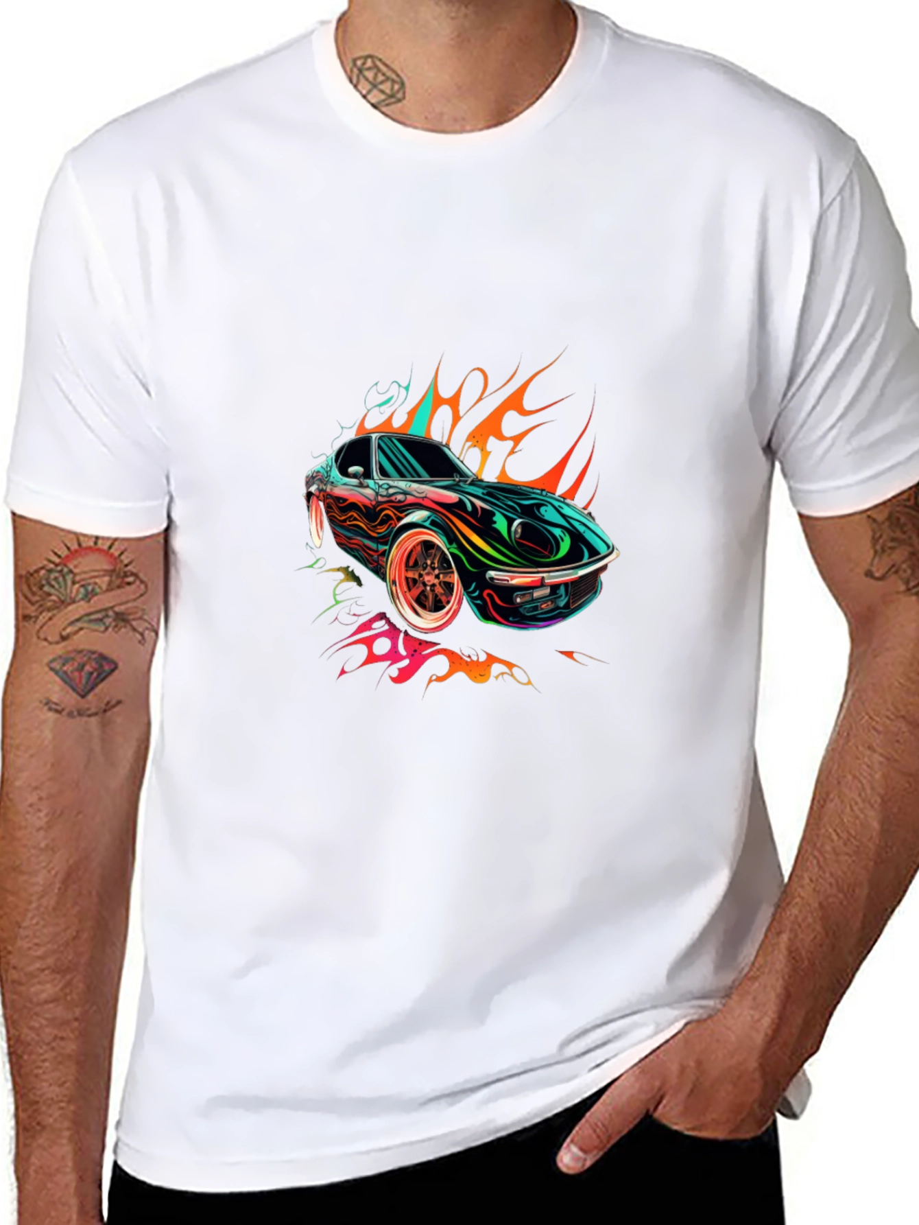 Black Flaming Car Graphic Tee - Stylish Cotton Blend view 8