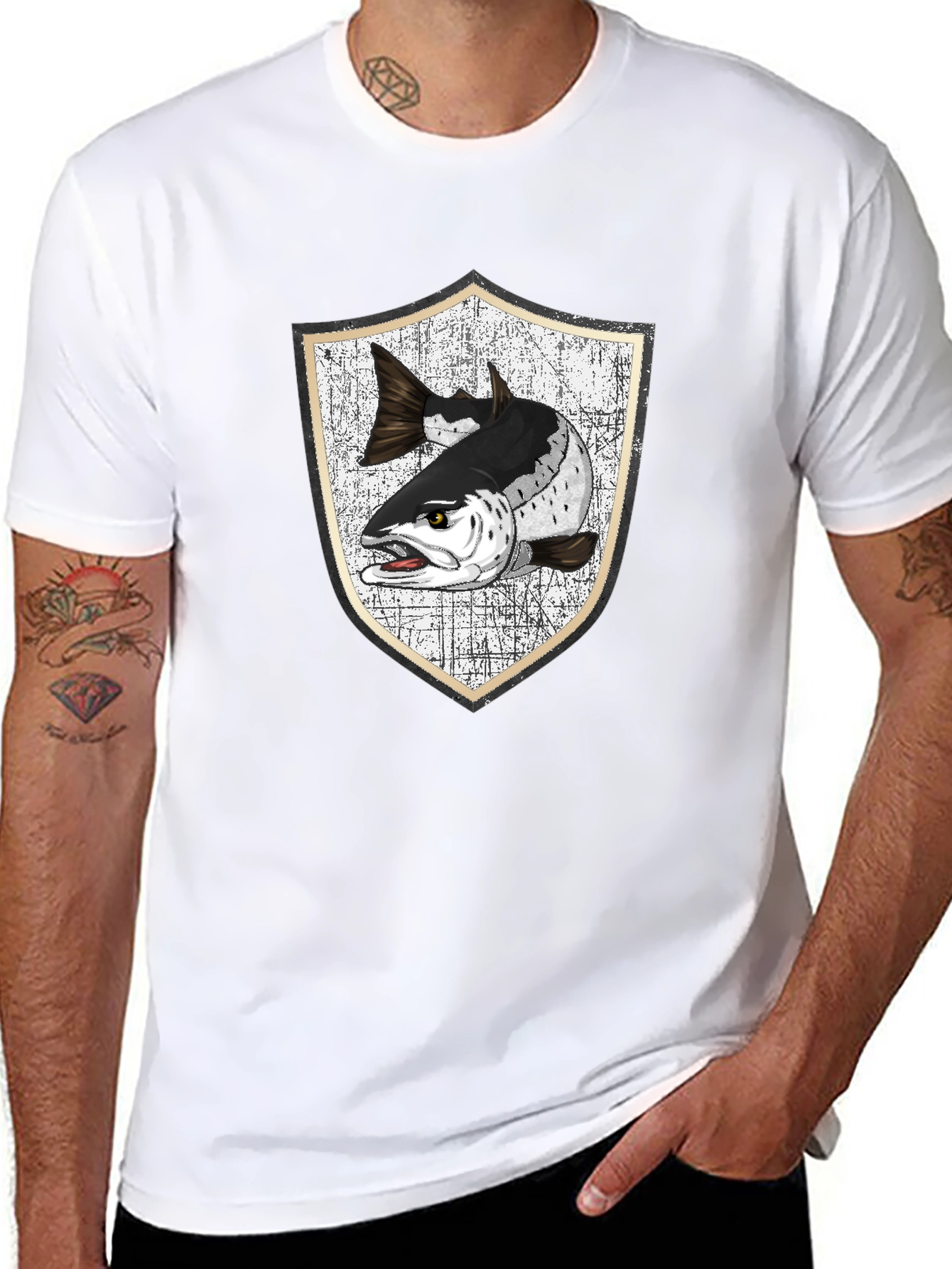 Men's Black T-Shirt with Fish Crest Graphic - 8