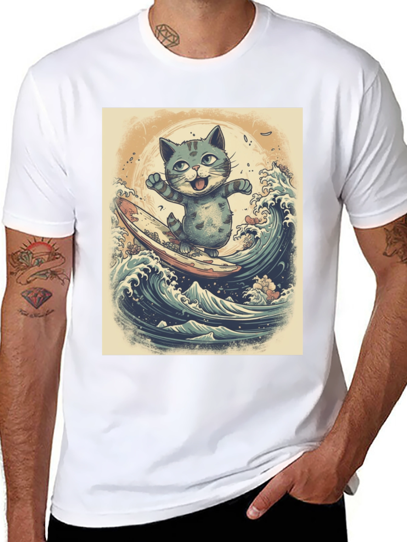 Black Cat Surfing Graphic Tee - Black Cotton Blend view 8