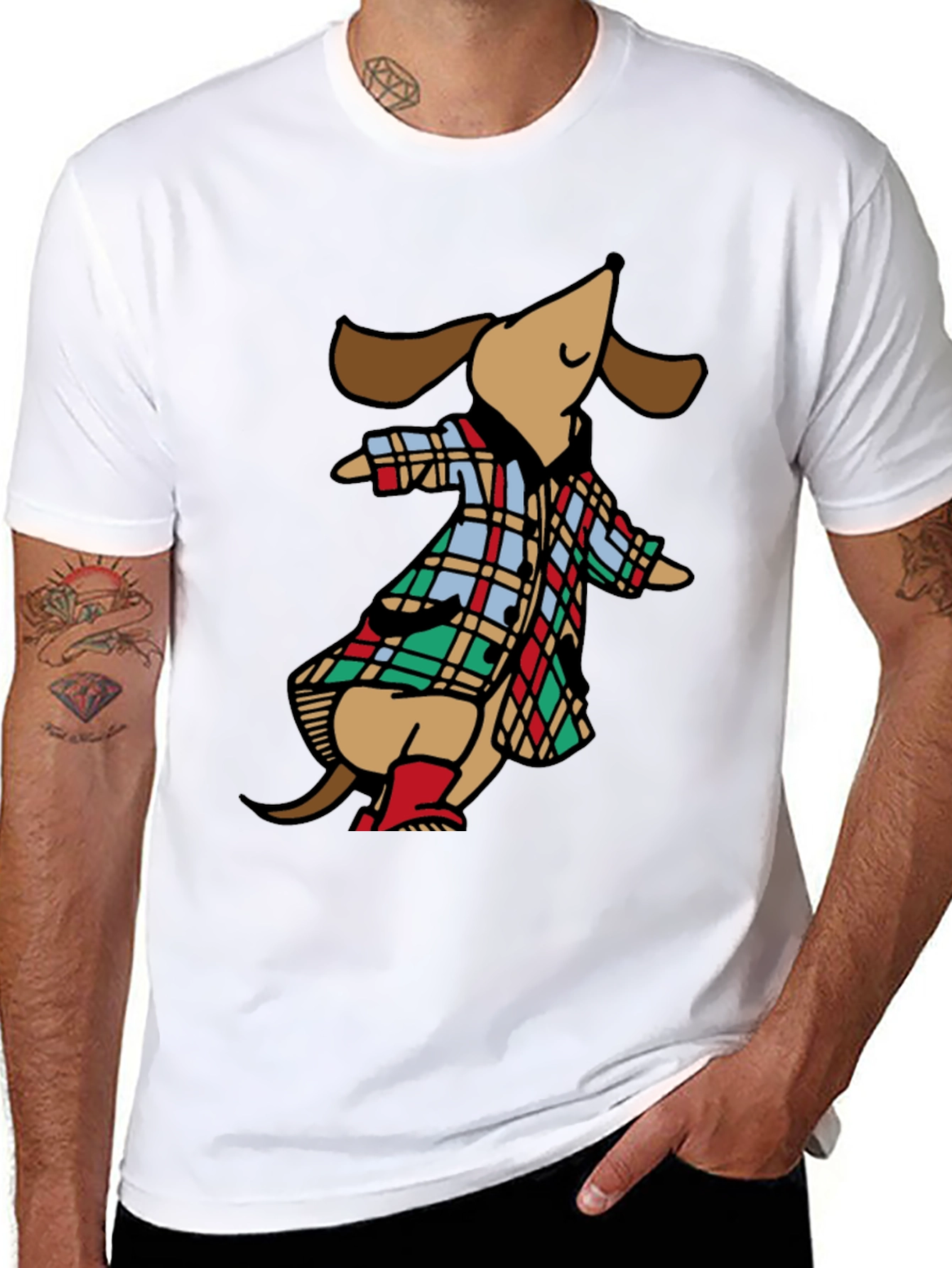 Black Dachshund in Plaid Raincoat T-Shirt view 8