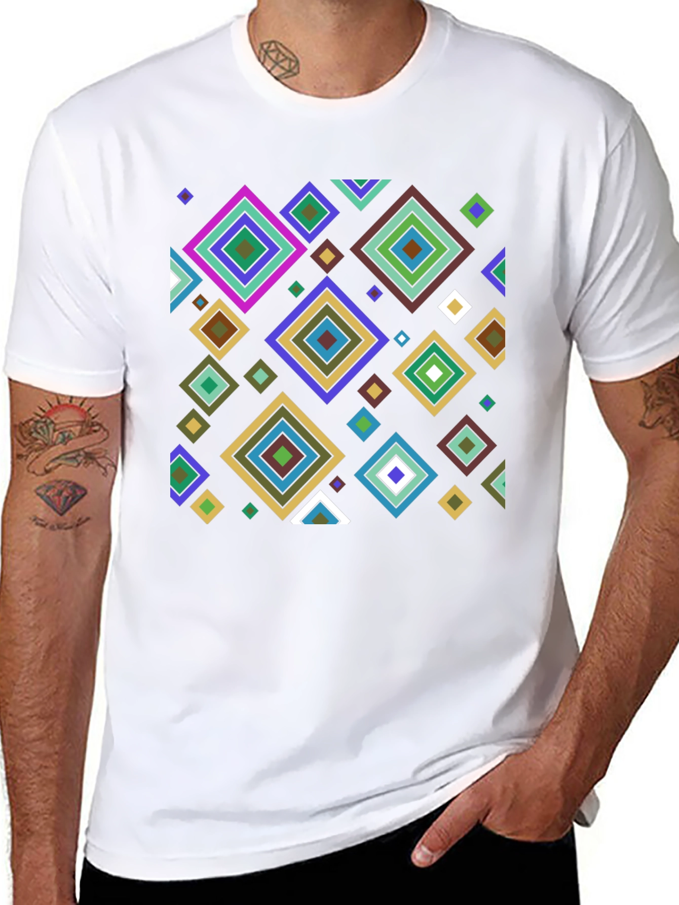 Black Geometric Diamond Pattern Black T-Shirt view 8
