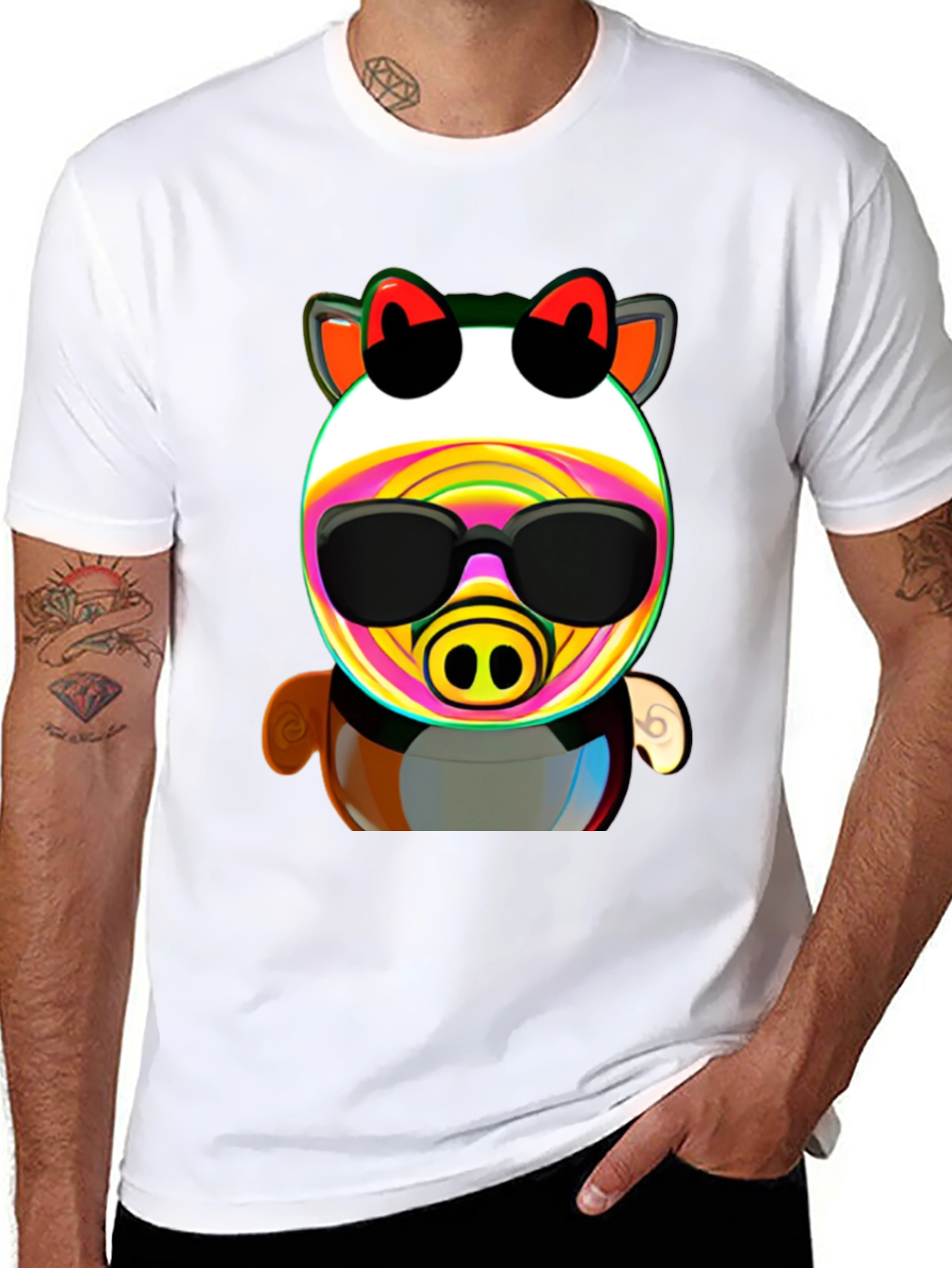 Black Cartoon Pig in Sunglasses Graphic Tee - Black view 8