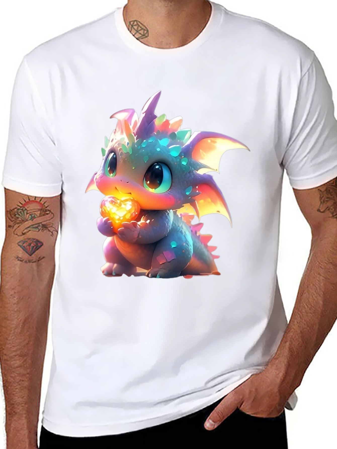 Black Cute Dragon Holding Heart Graphic T-Shirt view 8