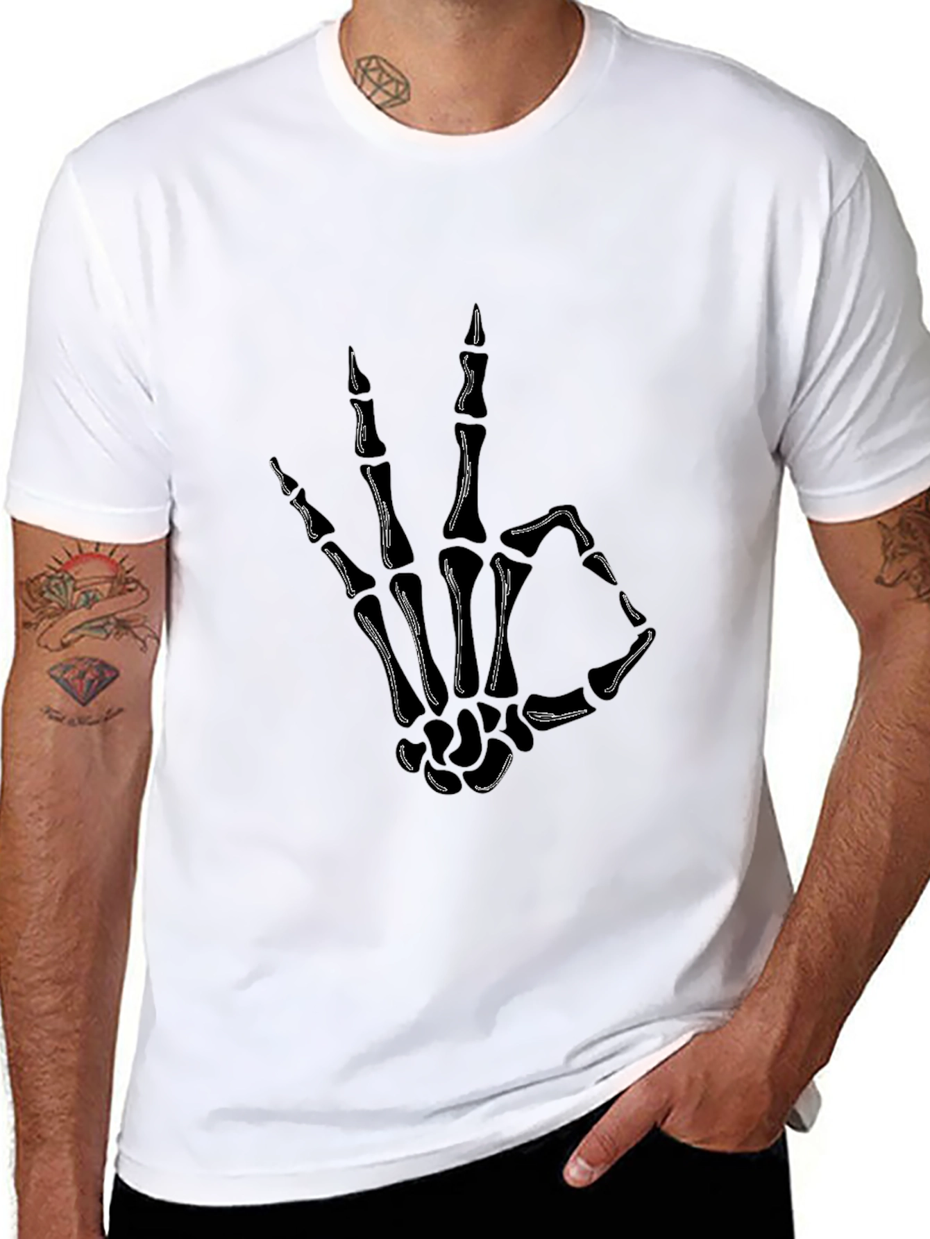 Black Skeleton Hand OK Sign Graphic Tee view 8