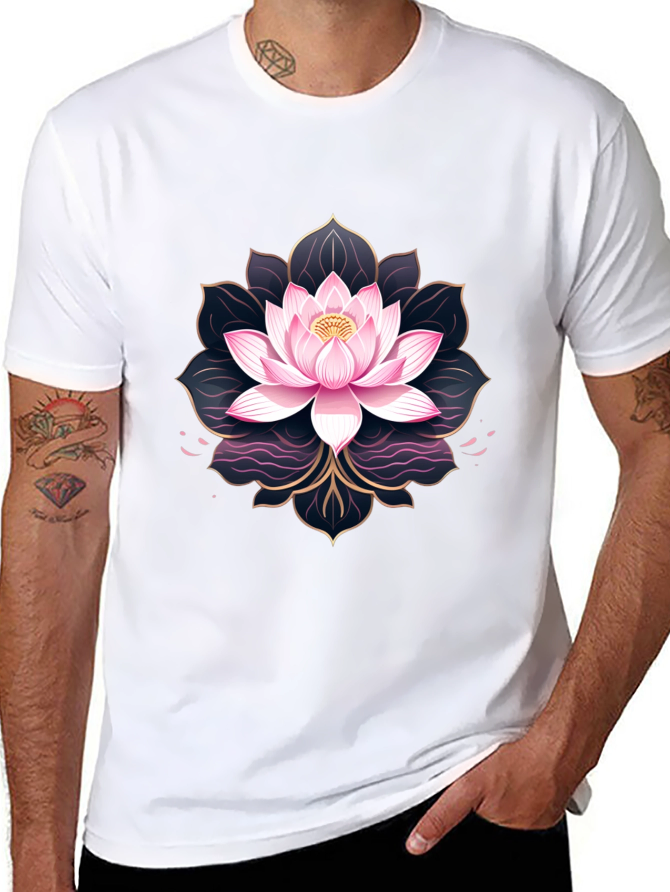 Black Lotus Flower Graphic Print Men's Black T-Shirt view 8