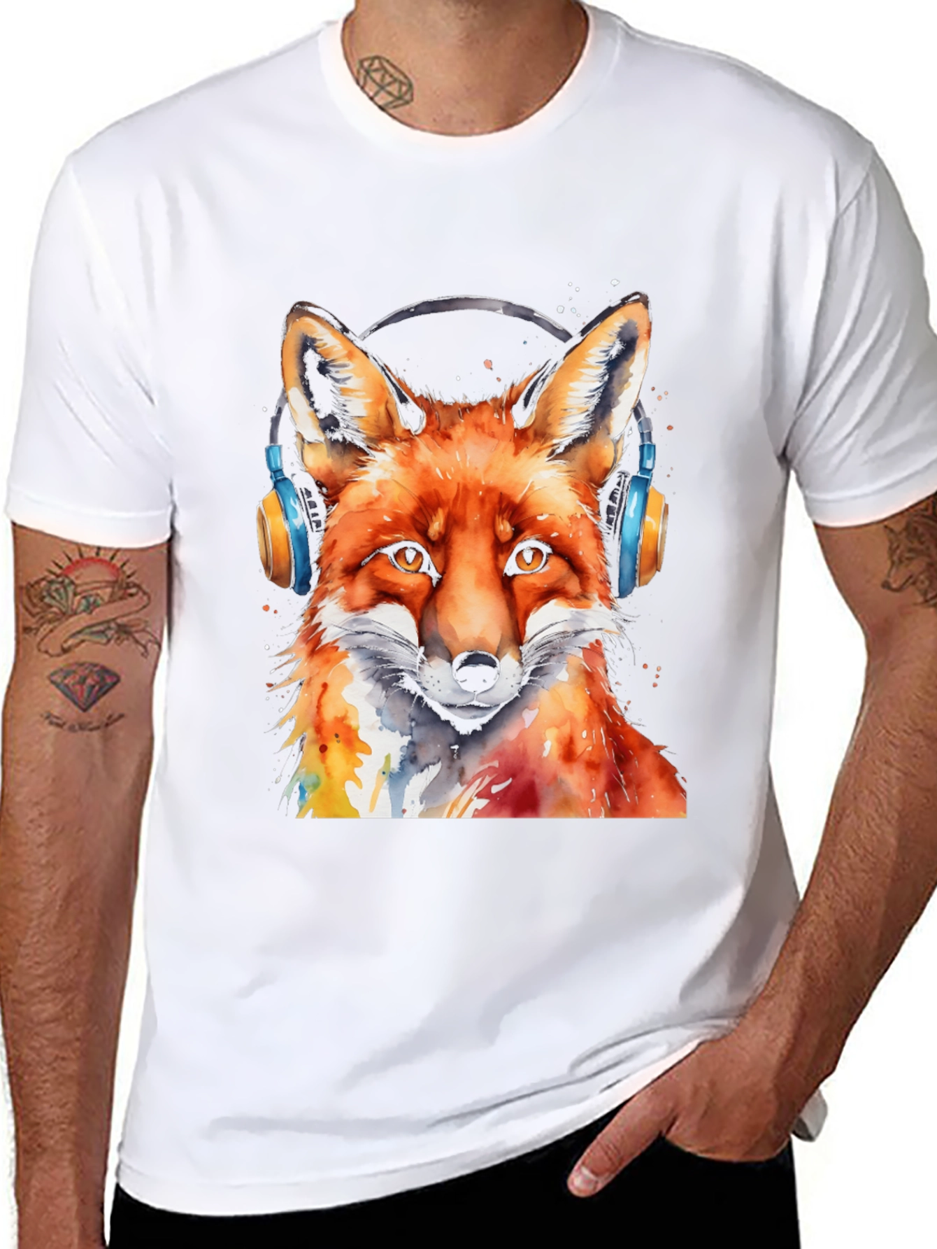 Black Cool Fox Headphones T-Shirt view 8
