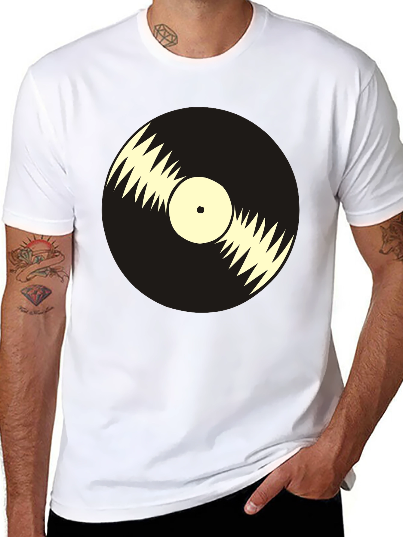 Black Retro Vinyl Record Graphic Tee - Black Cotton T-Shirt view 8