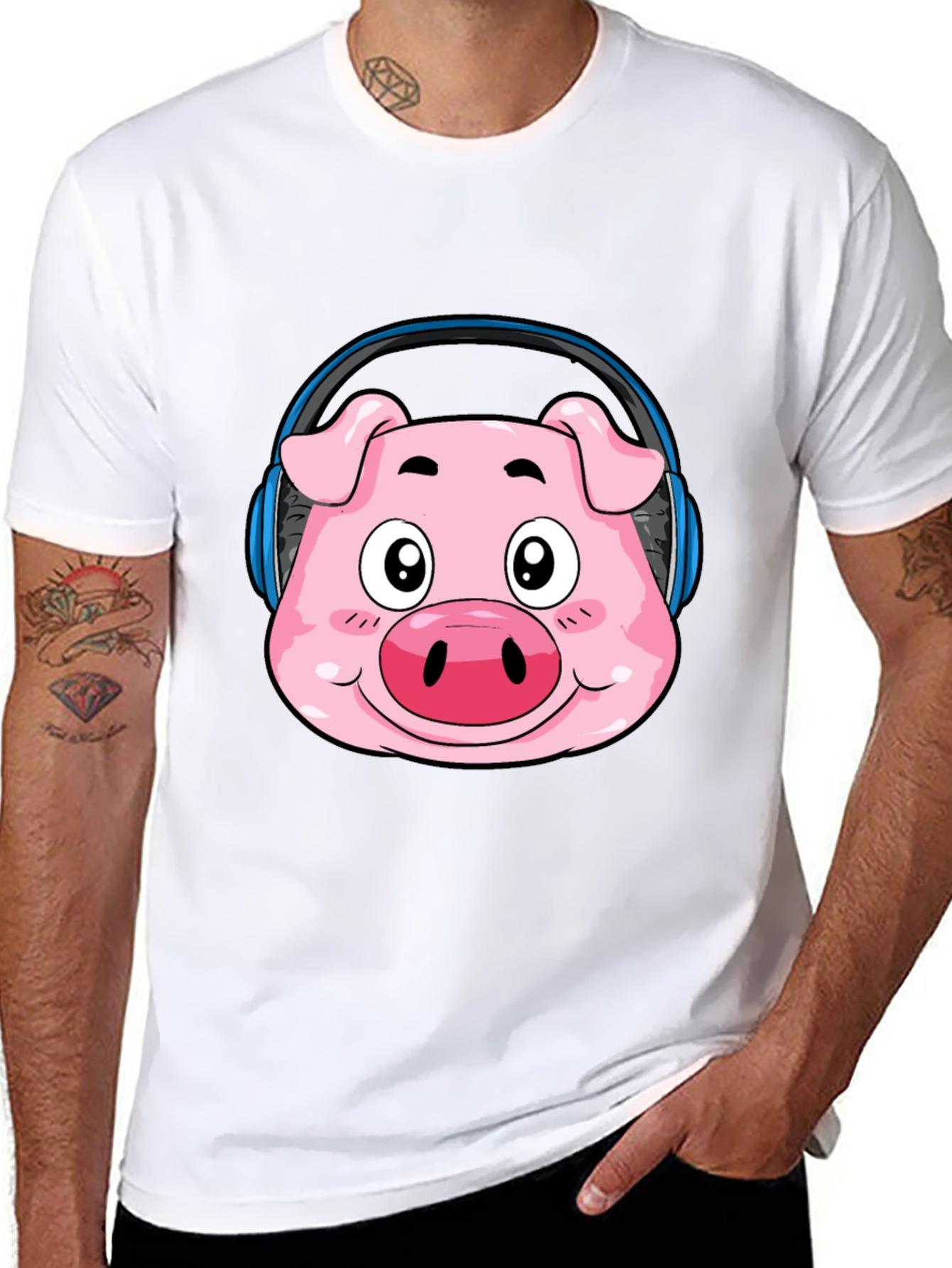 Black Pig Headphone T-Shirt - Funny Cartoon Animal Tee view 8