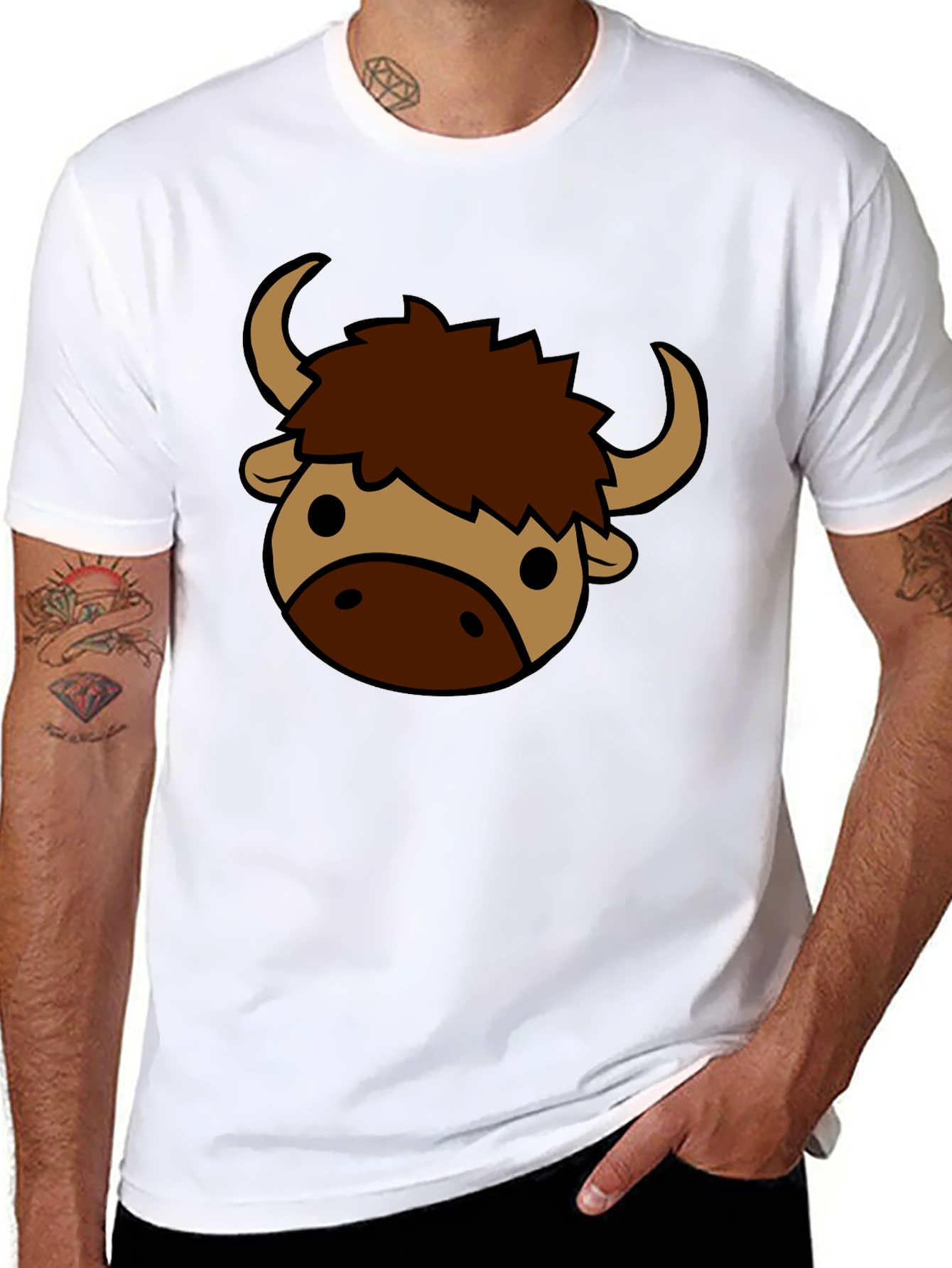 Black Cartoon Yak Graphic Tee - Black Cotton T-Shirt view 8