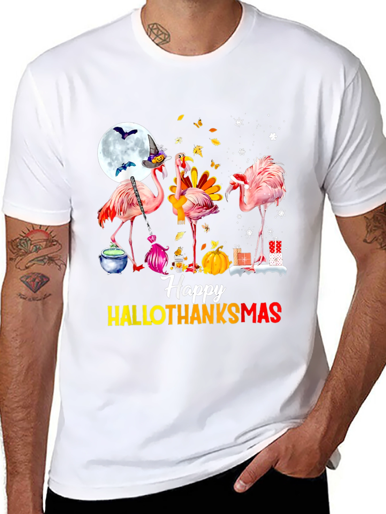 Black Happy HALLOTHANKS Christmas Flamingo T-Shirt view 8