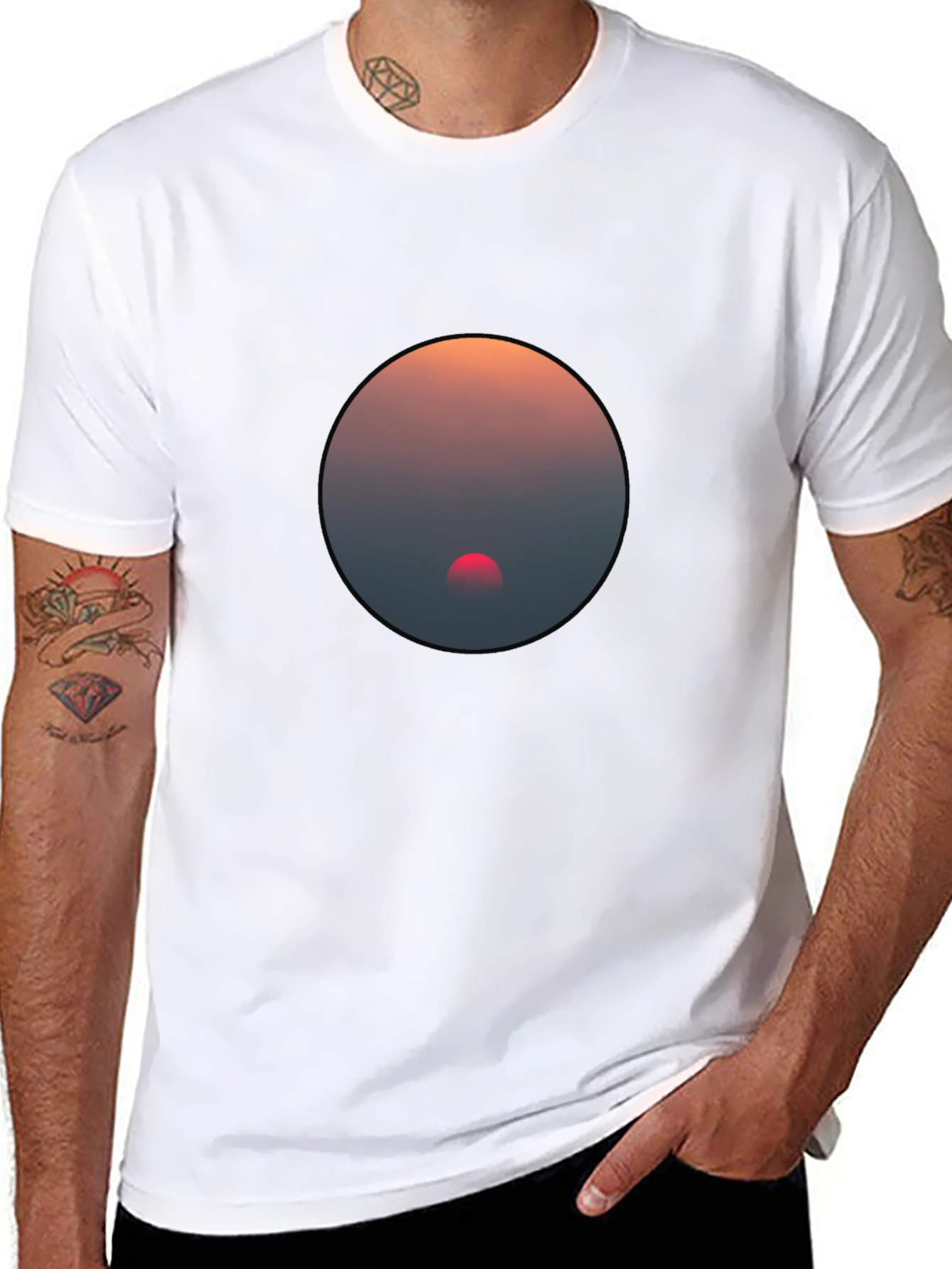 Black Sunset Circle Graphic Black T-Shirt view 8