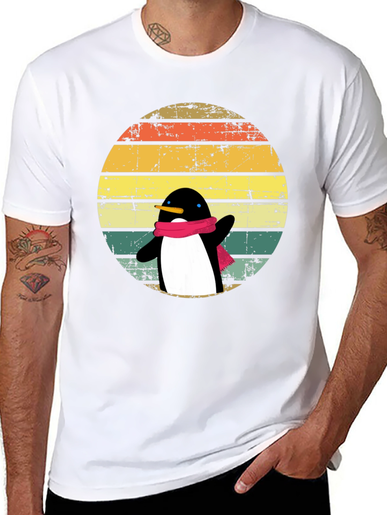 Black Penguin Dab T-Shirt: Retro Sunset Design view 8