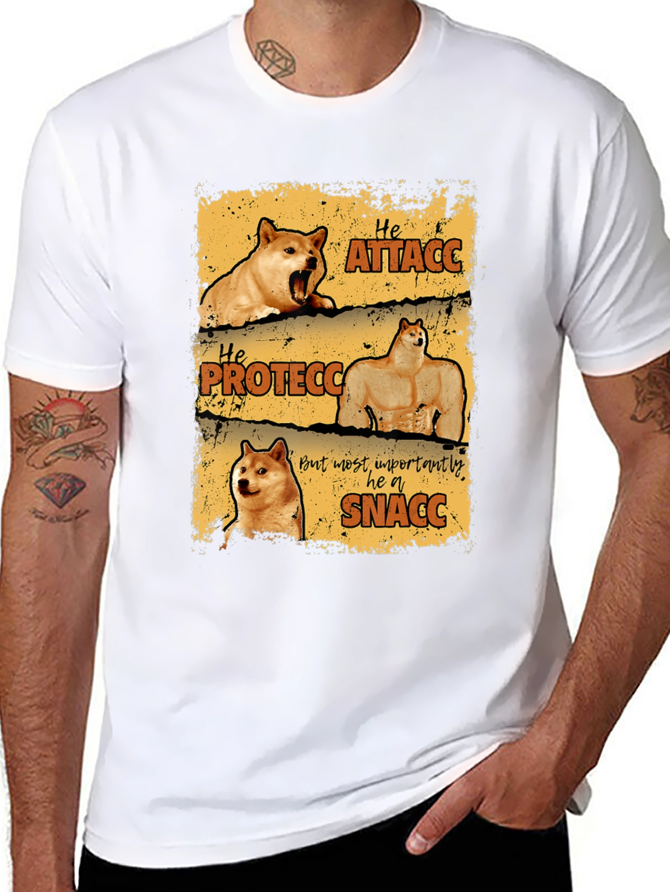 Black He Protecc Attacc Snacc Doge Meme T-Shirt view 8