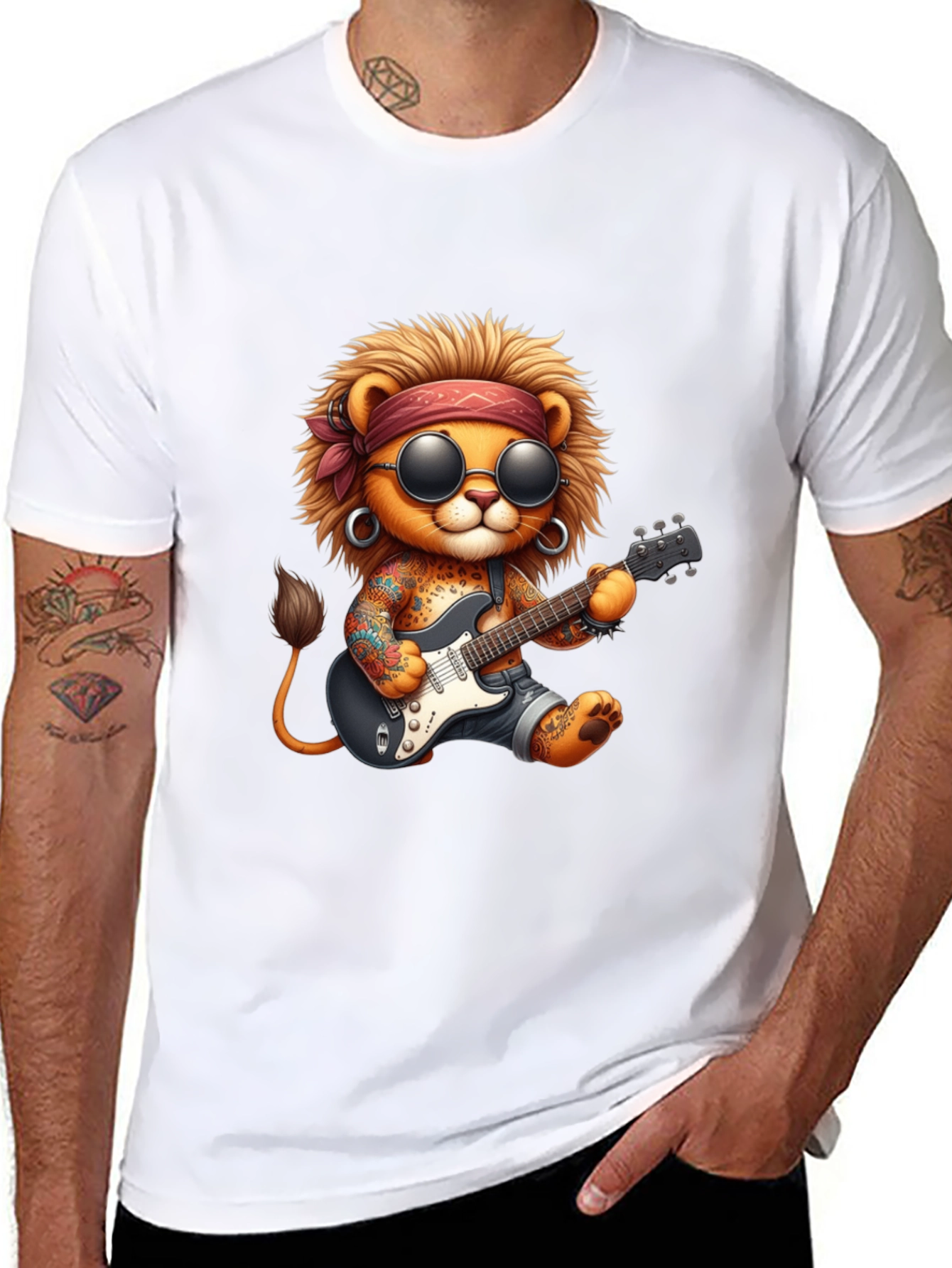 Black Cool Lion Guitarist Graphic Tee view 8