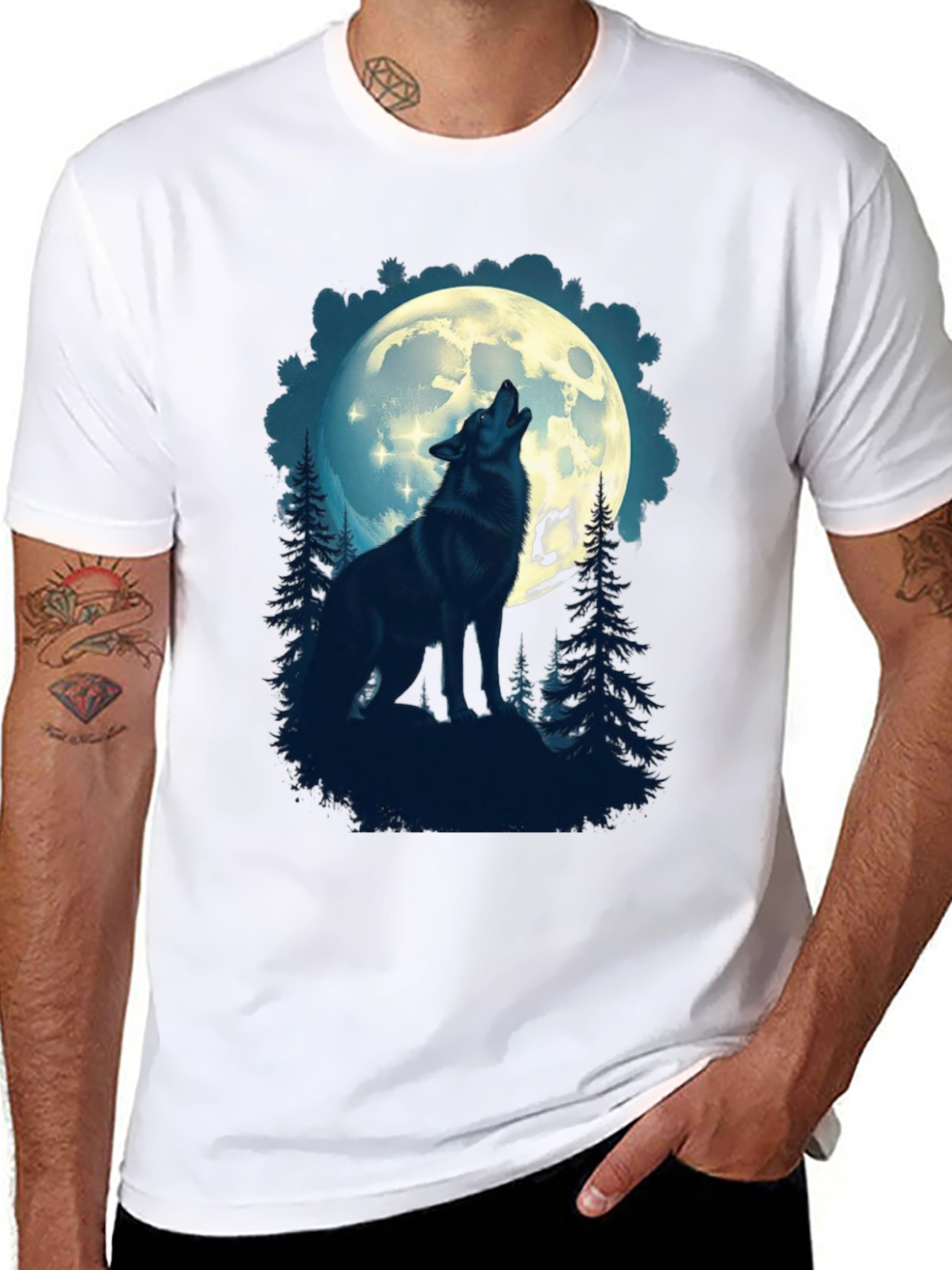 Black Wolf Howling at Moon Graphic T-Shirt view 8