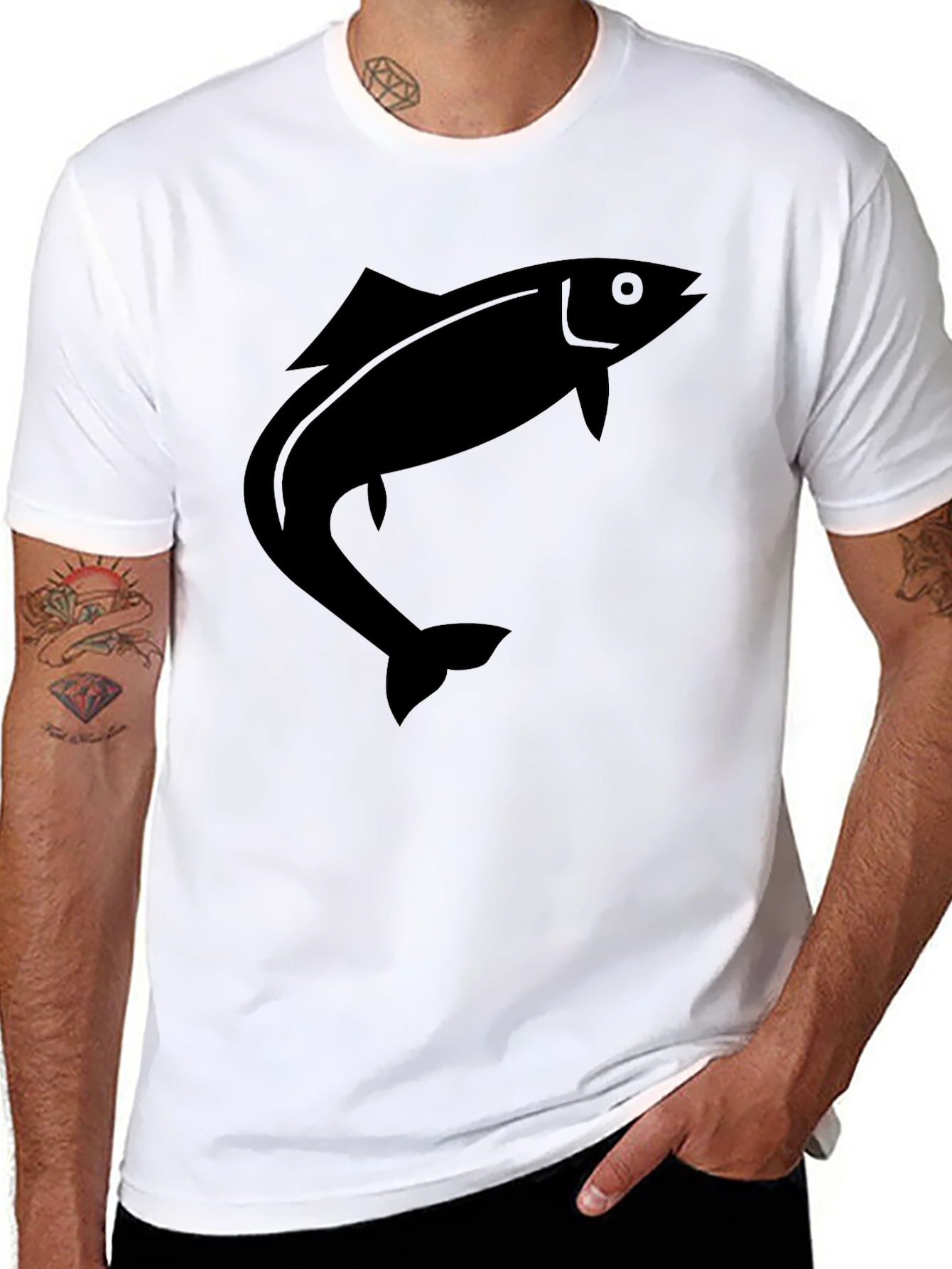 Black Men's Black T-Shirt with Fish Graphic view 8