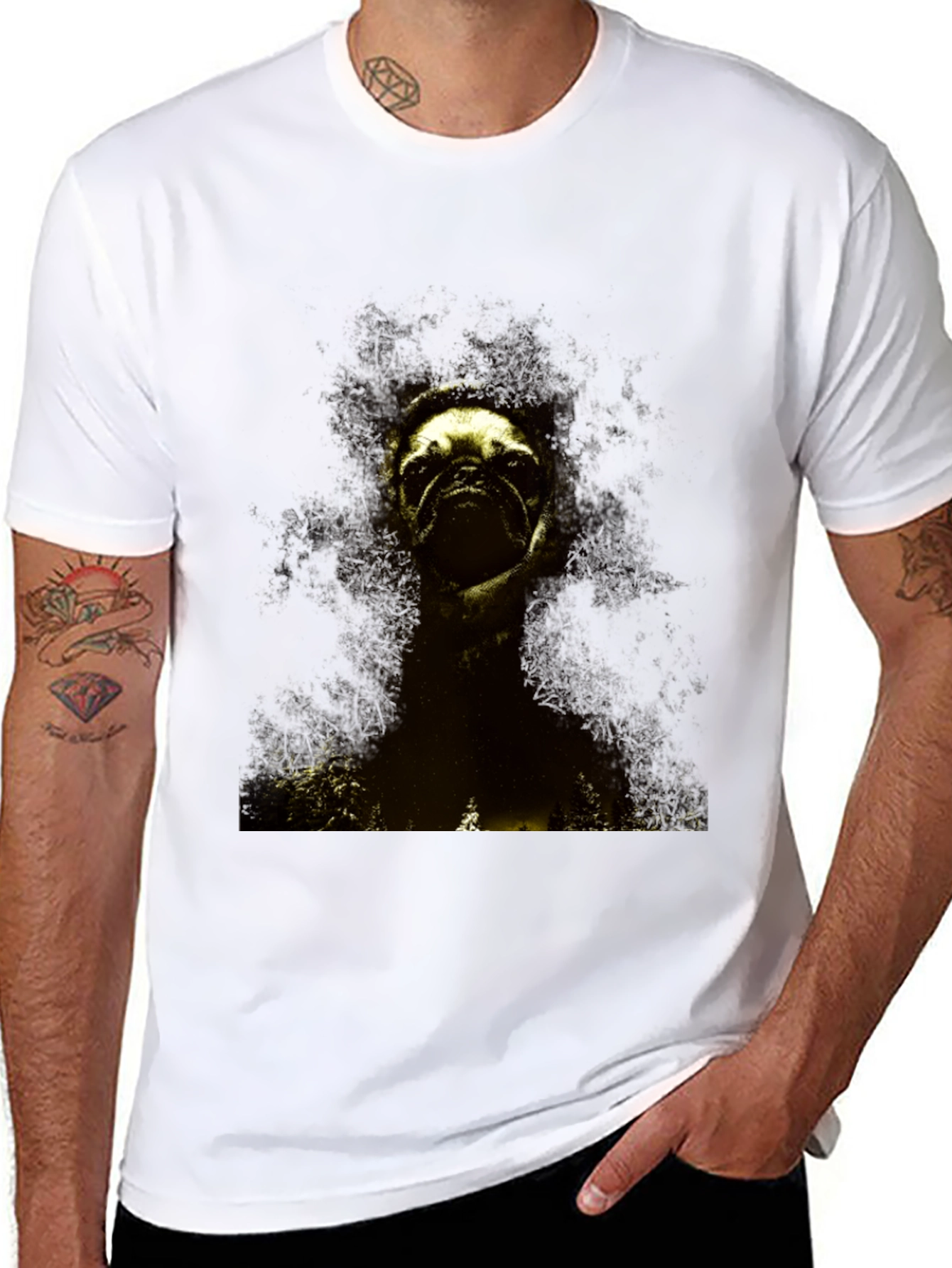 Black Pug in the Woods Black T-Shirt view 8