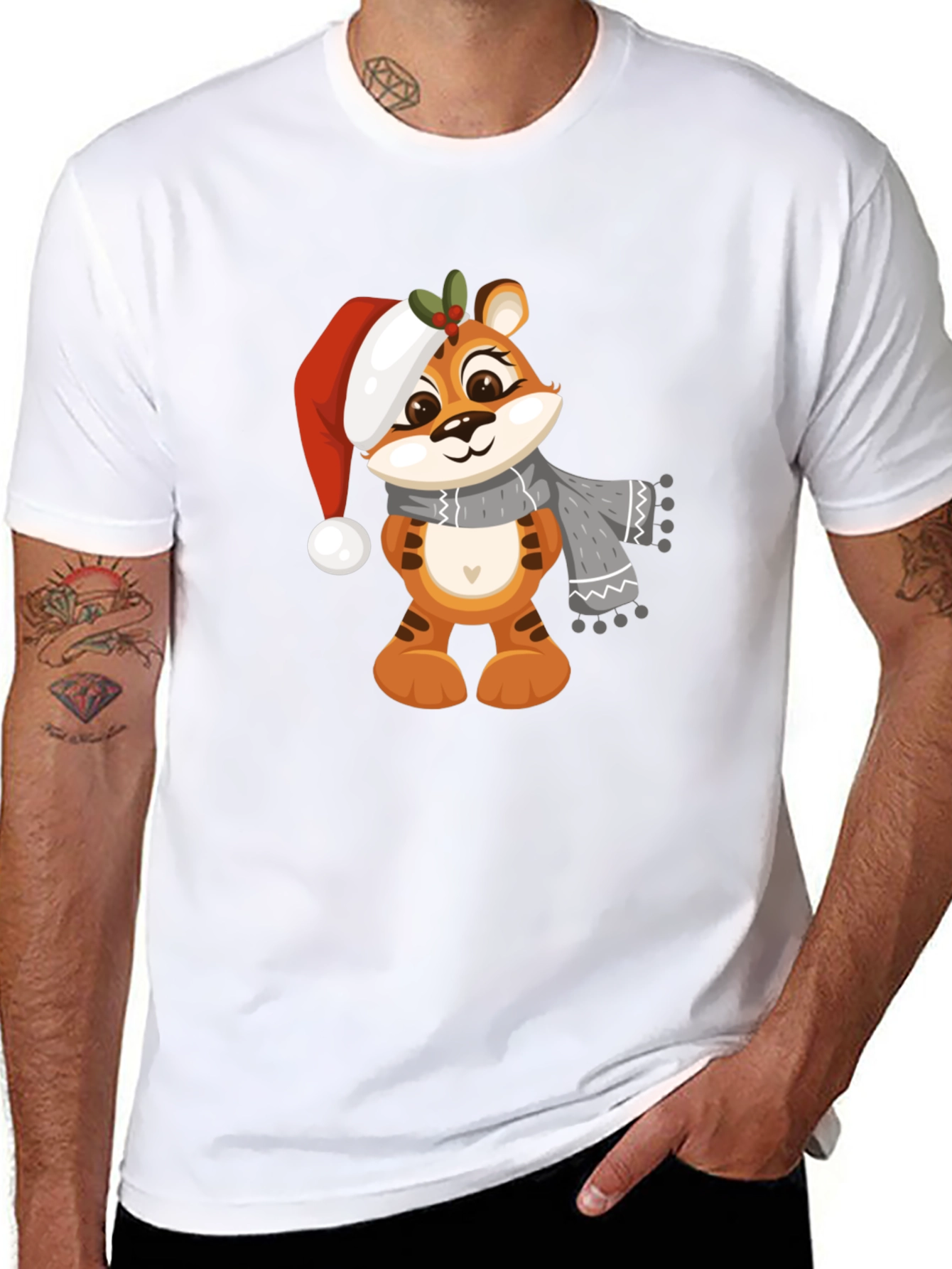 Black Cute Cartoon Tiger Christmas T-Shirt view 8