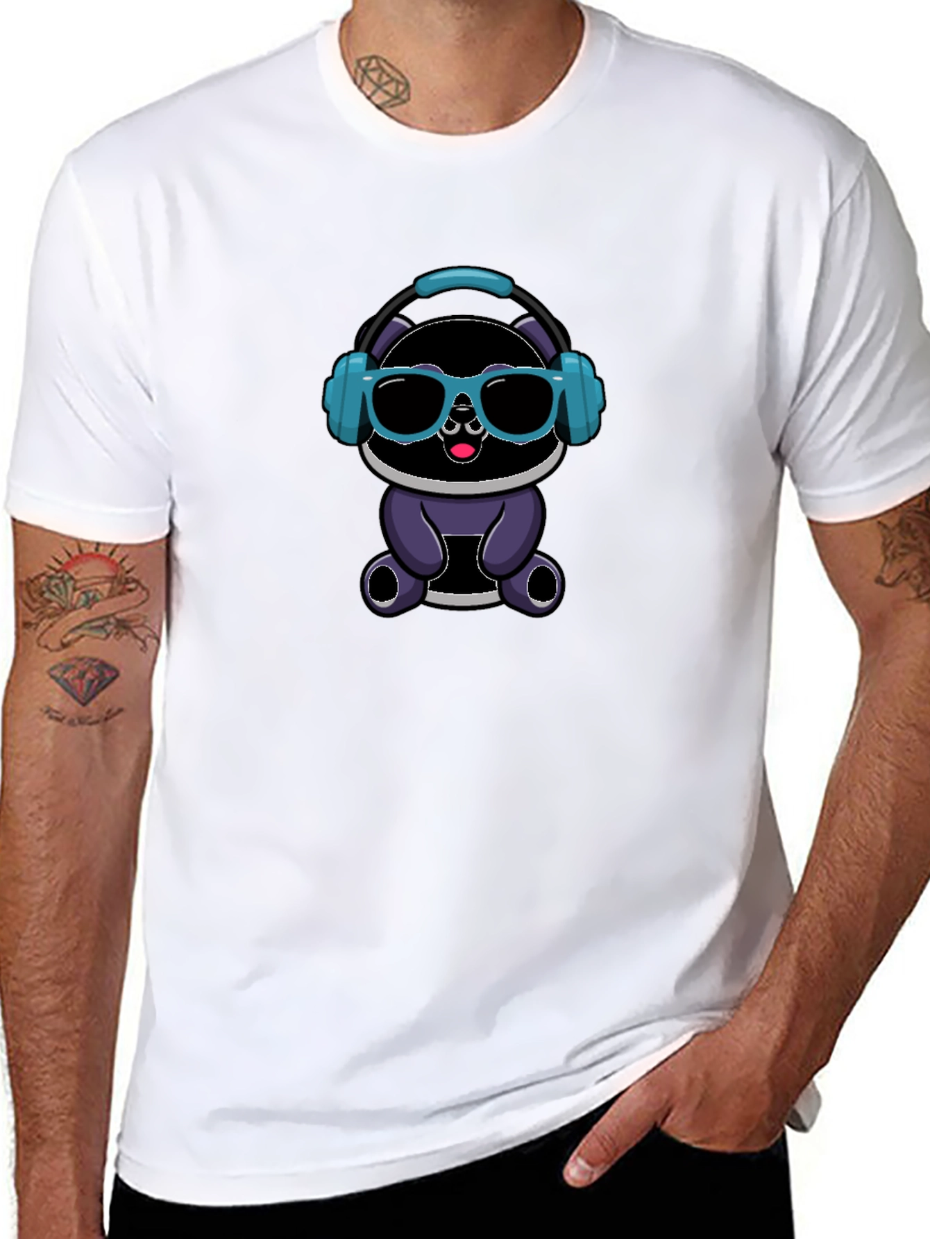 Black Cool Cartoon Panda with Headphones Black T-Shirt view 8