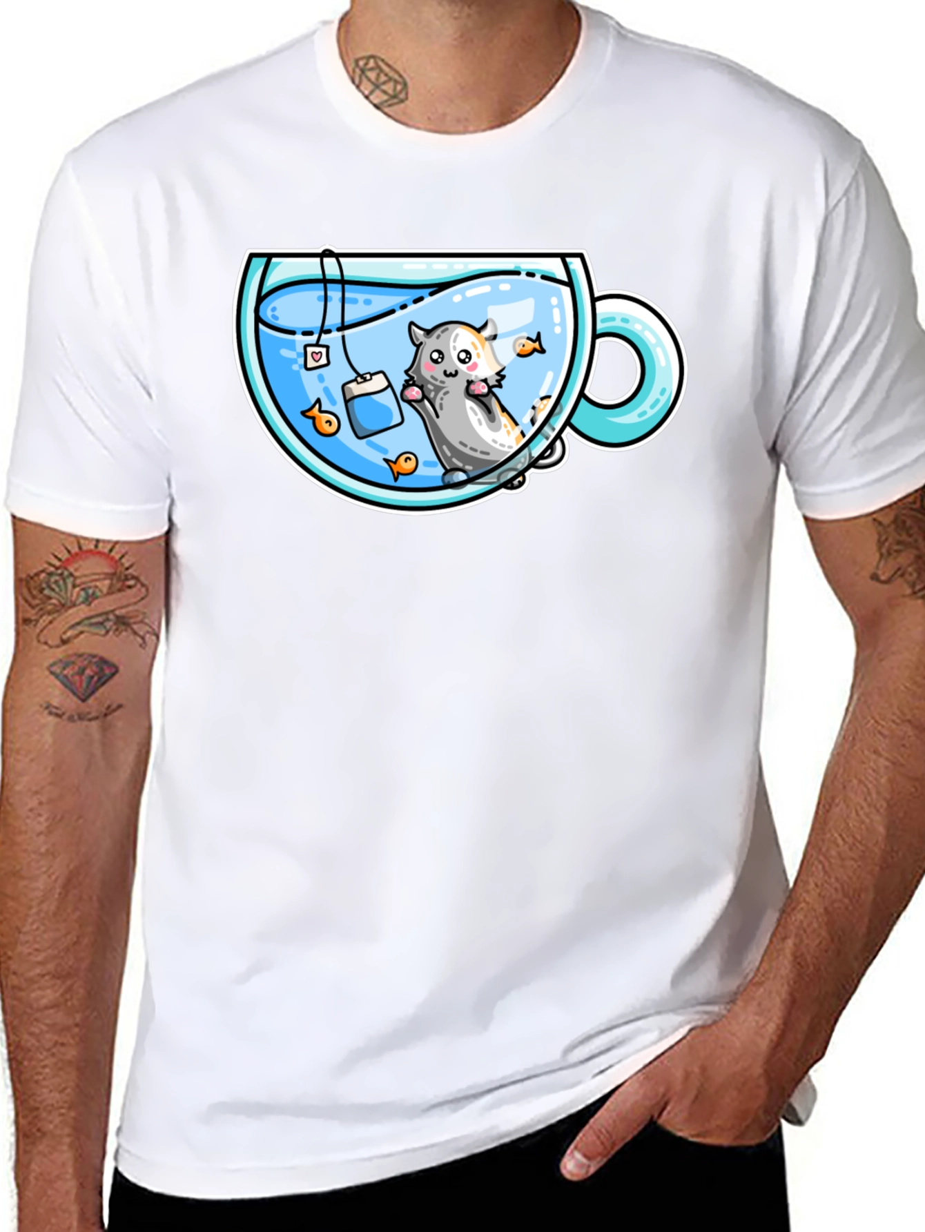 Black Cute Cartoon Tea Cup Hamster Graphic Tee view 8