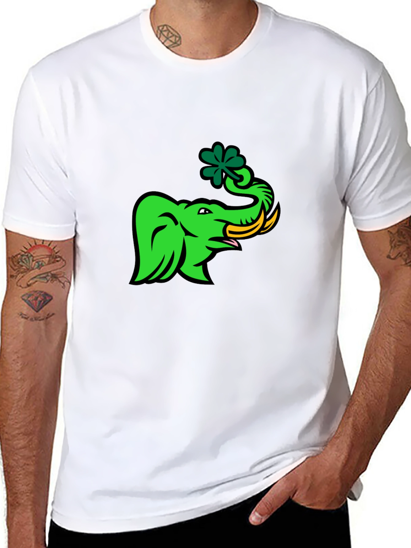 Black Green Elephant with Shamrock Graphic T-Shirt view 8