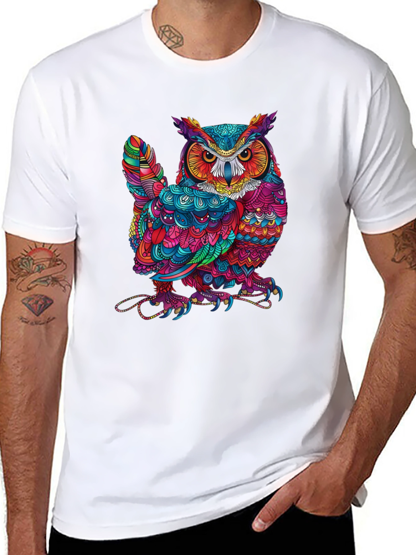 Black Colorful Owl Graphic Print Black T-Shirt view 8